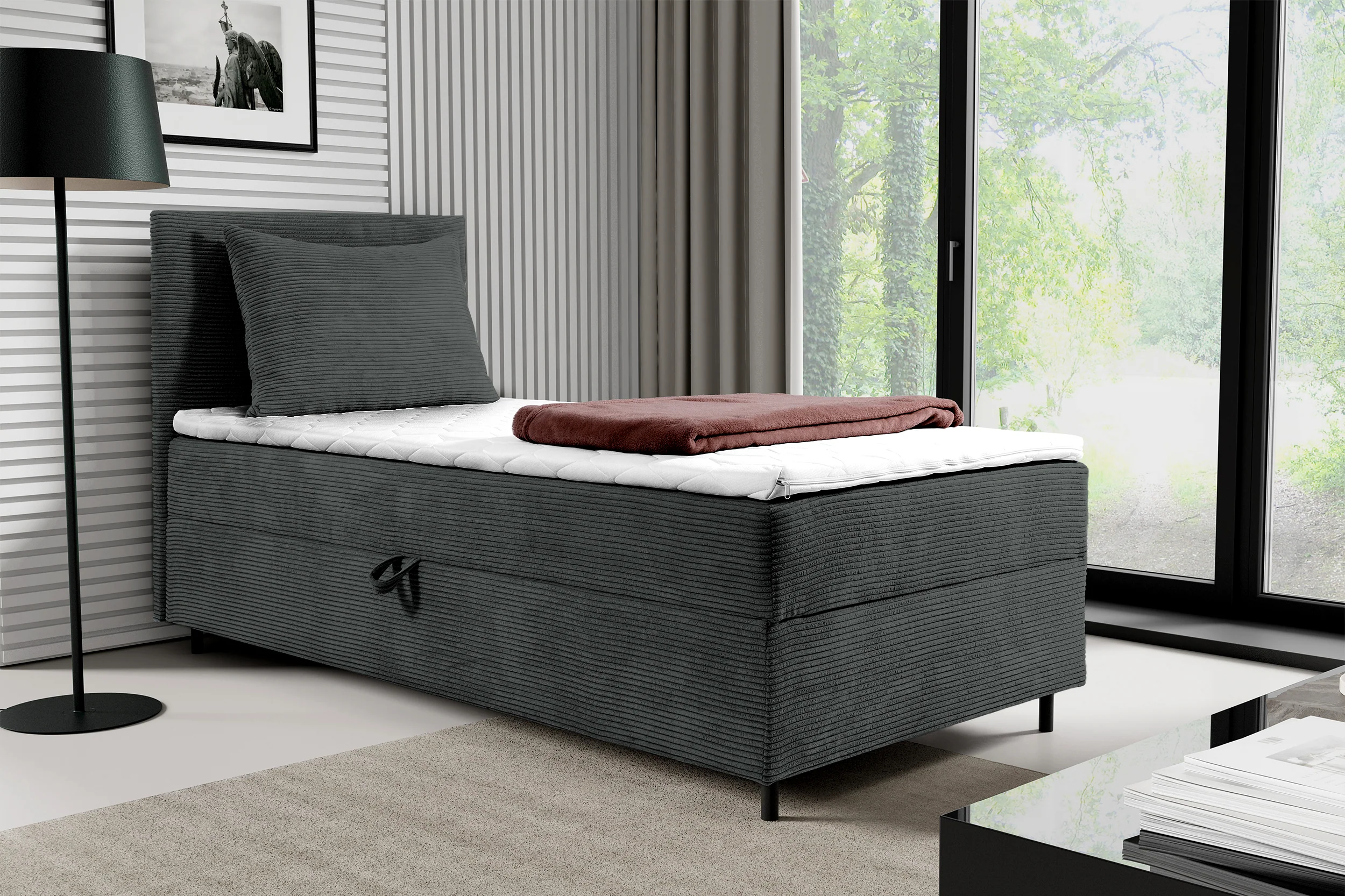 Łóżko kontynentalne jednosobowe Montigo Mini 100x200 cm z pojemnikiem, topperem i poduszką szare sztruks nogi czarne lewostronne - Image 2