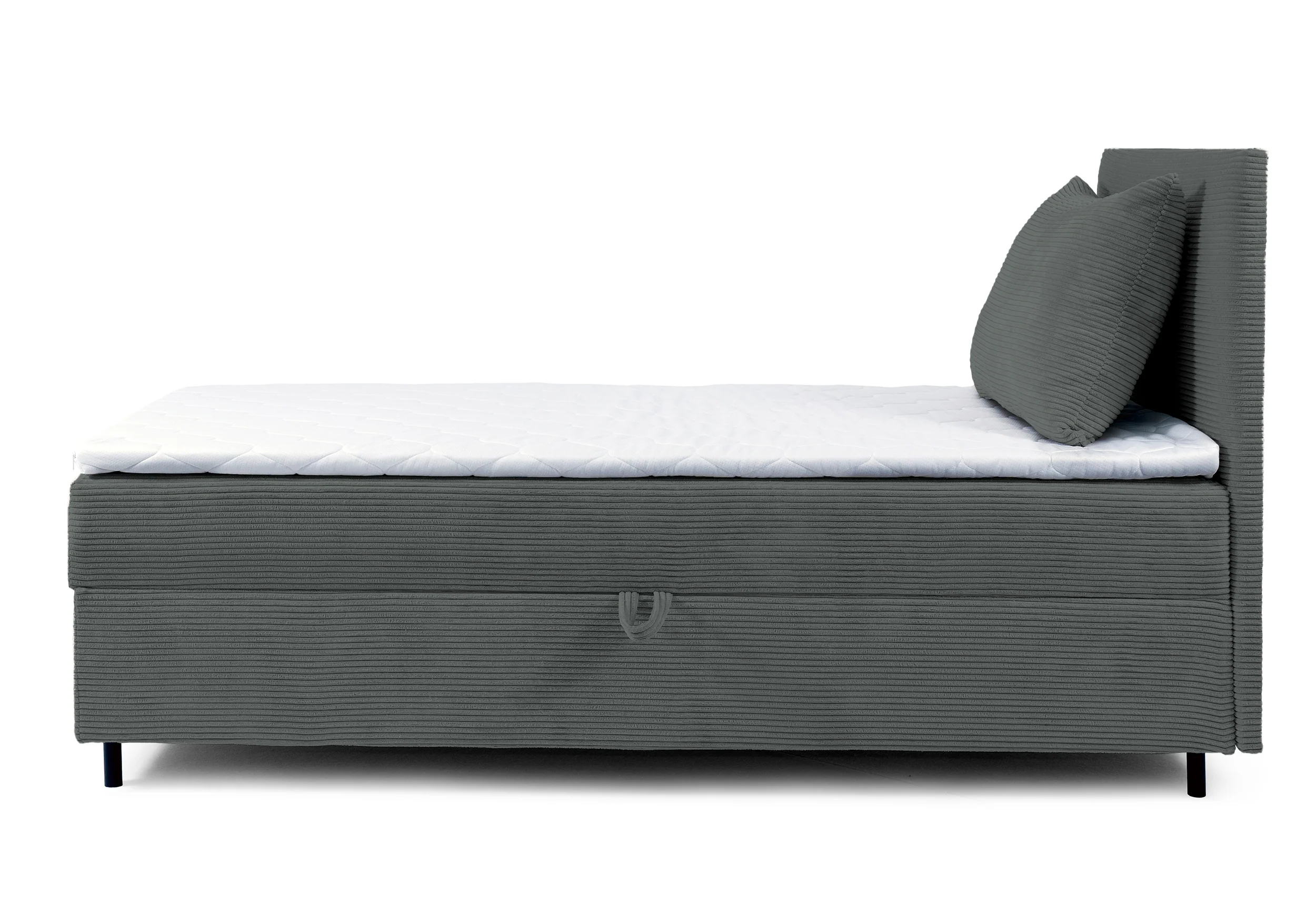 Łóżko kontynentalne jednosobowe Montigo Mini 100x200 cm z pojemnikiem, topperem i poduszką szare sztruks nogi czarne prawostronne - Image 3