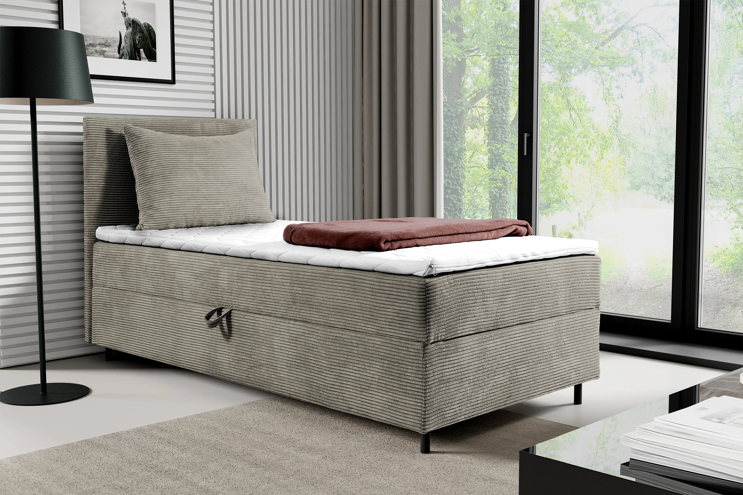 Łóżko kontynentalne jednosobowe Montigo Mini 80x200 cm z pojemnikiem, topperem i poduszką beżowe sztruks nogi czarne lewostronne - Image 2