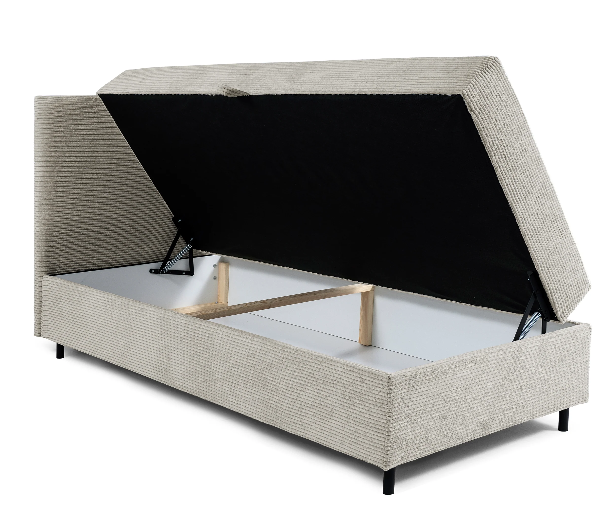 Łóżko kontynentalne jednosobowe Montigo Mini 80x200 cm z pojemnikiem, topperem i poduszką beżowe sztruks nogi czarne lewostronne - Image 4