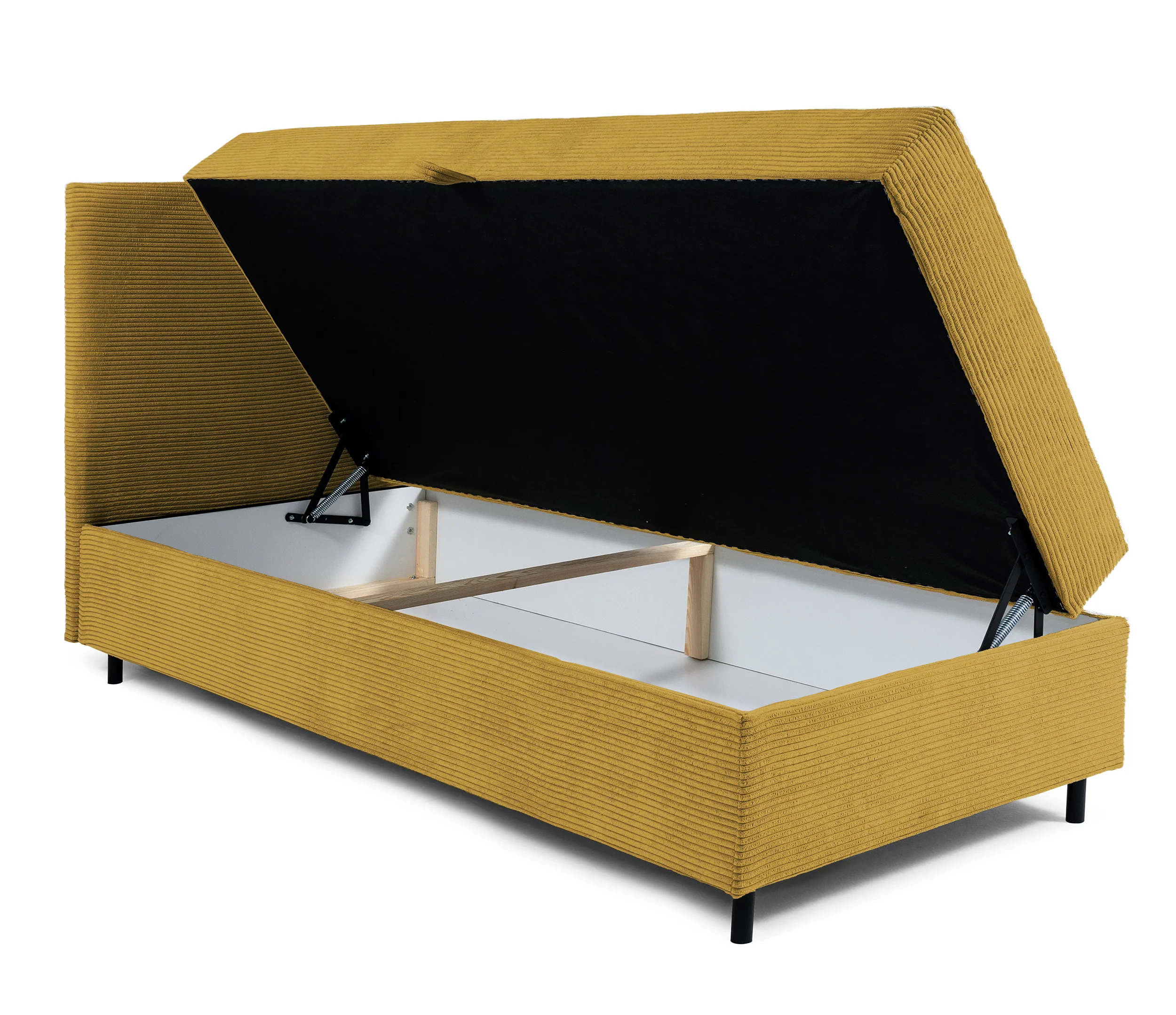 Łóżko kontynentalne jednosobowe Montigo Mini 80x200 cm z pojemnikiem, topperem i poduszką musztardowe sztruks nogi czarne lewostronne - Image 4