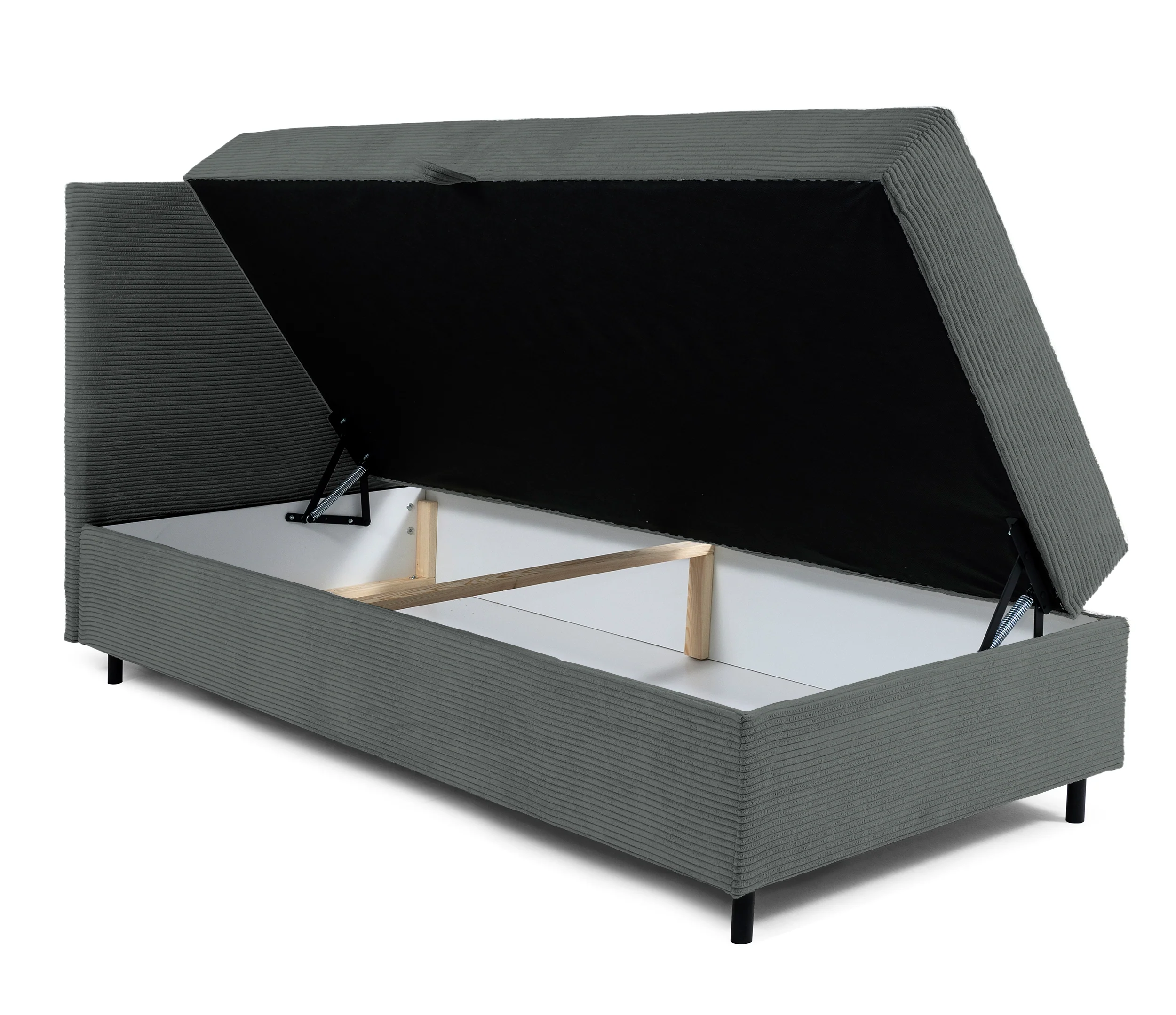 Łóżko kontynentalne jednosobowe Montigo Mini 80x200 cm z pojemnikiem, topperem i poduszką szare sztruks nogi czarne lewostronne - Image 4