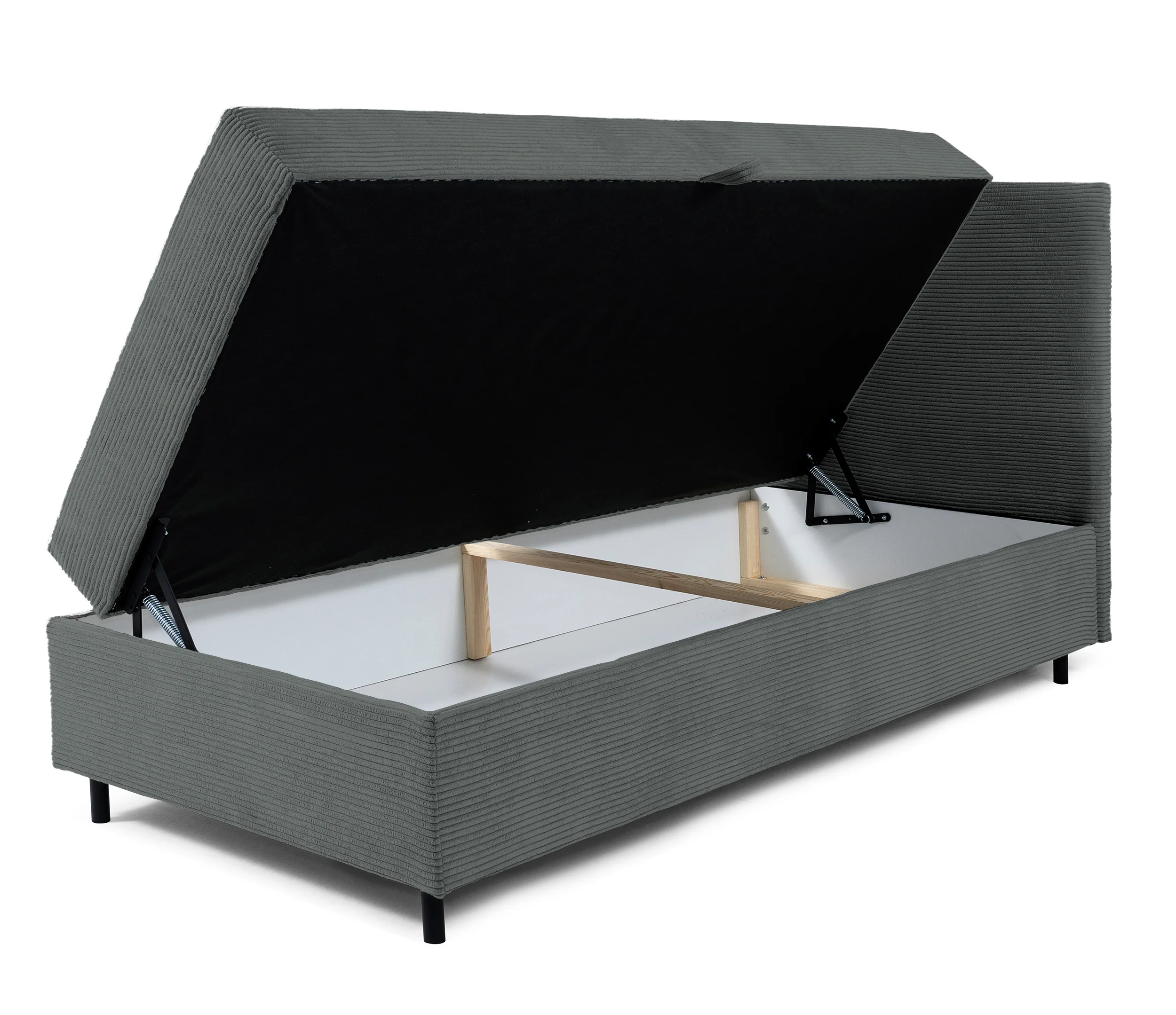 Łóżko kontynentalne jednosobowe Montigo Mini 80x200 cm z pojemnikiem, topperem i poduszką szare sztruks nogi czarne prawostronne - Image 4