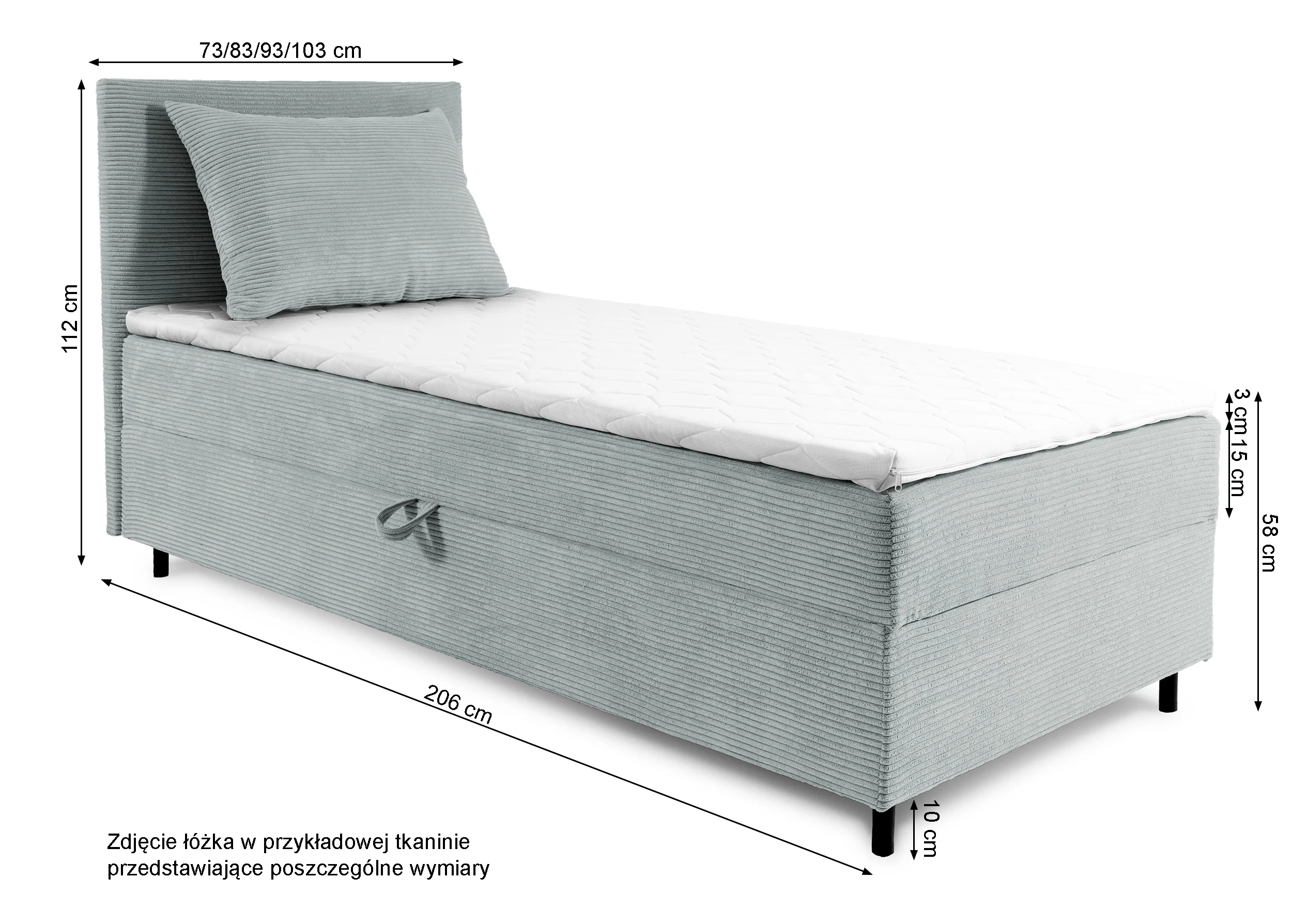 Łóżko kontynentalne jednosobowe Montigo Mini 90x200 cm z pojemnikiem, topperem i poduszką beżowe sztruks nogi czarne lewostronne - Image 5