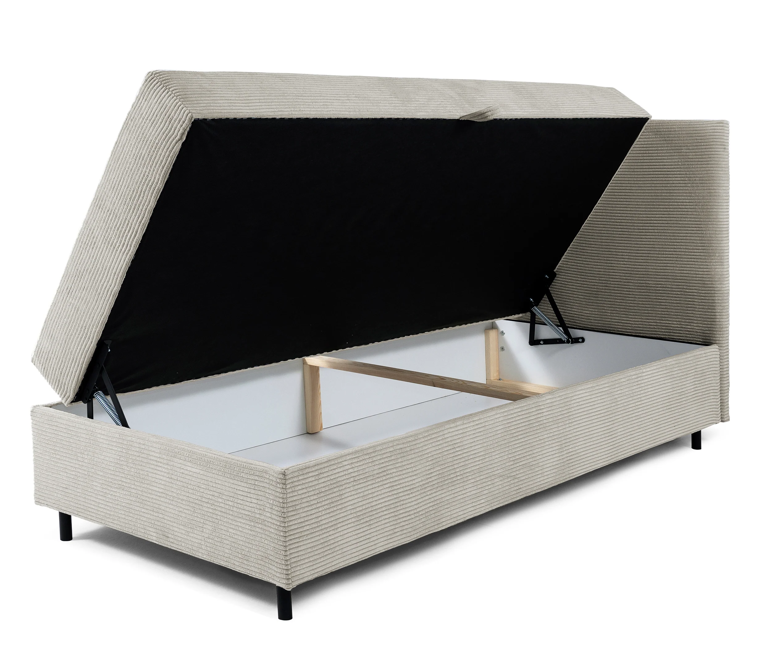 Łóżko kontynentalne jednosobowe Montigo Mini 90x200 cm z pojemnikiem, topperem i poduszką beżowe sztruks nogi czarne prawostronne - Image 4