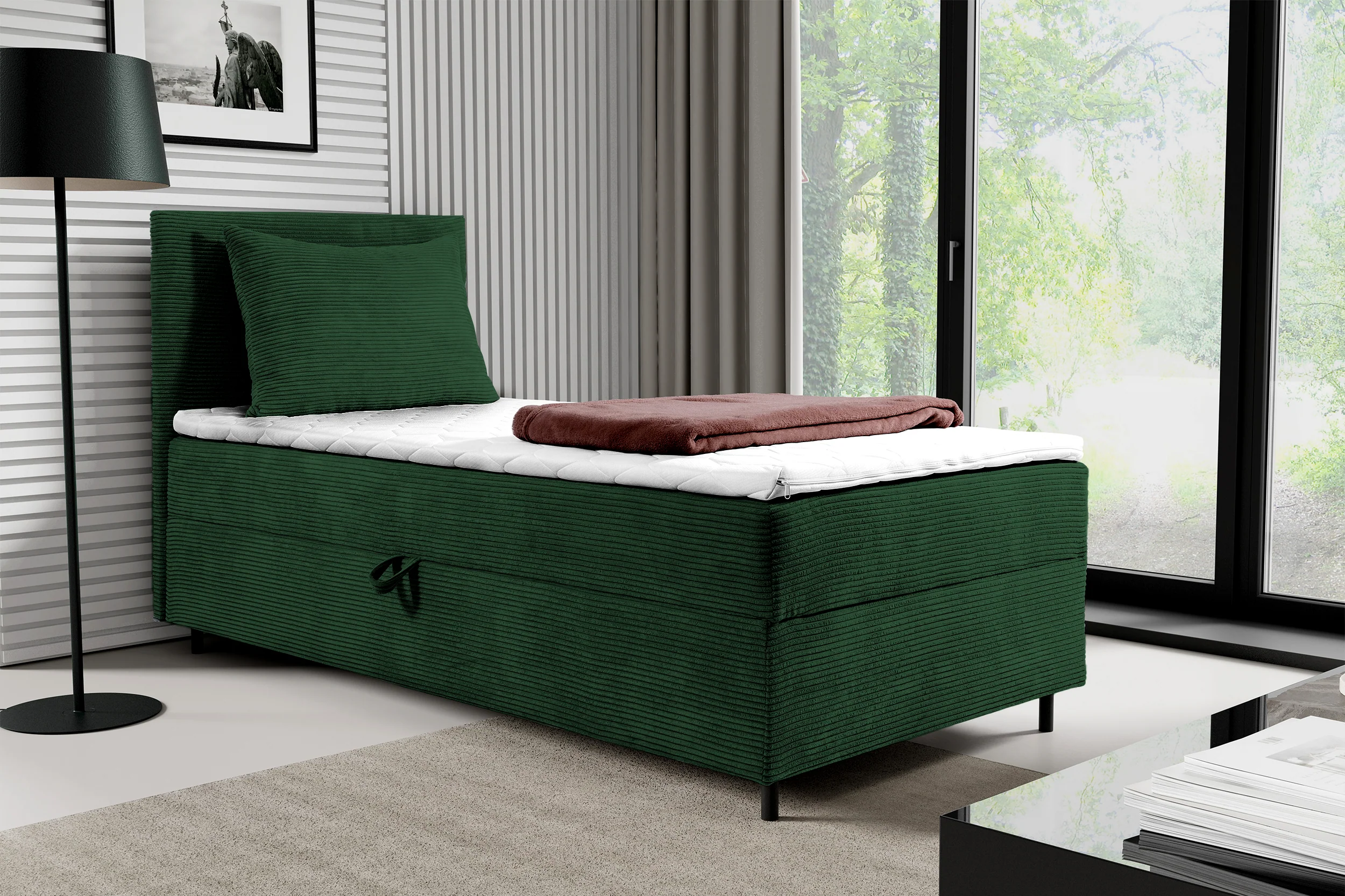 Łóżko kontynentalne jednosobowe Montigo Mini 90x200 cm z pojemnikiem, topperem i poduszką ciemnozielone sztruks nogi czarne lewostronne - Image 2