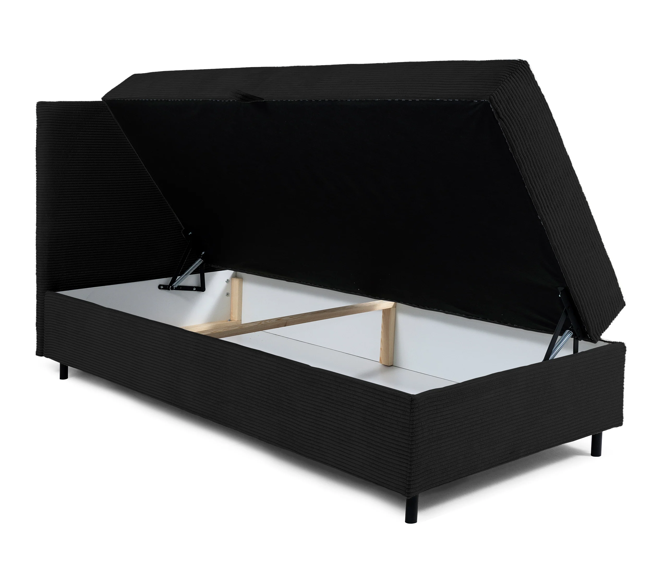 Łóżko kontynentalne jednosobowe Montigo Mini 90x200 cm z pojemnikiem, topperem i poduszką czarne sztruks nogi czarne lewostronne - Image 4