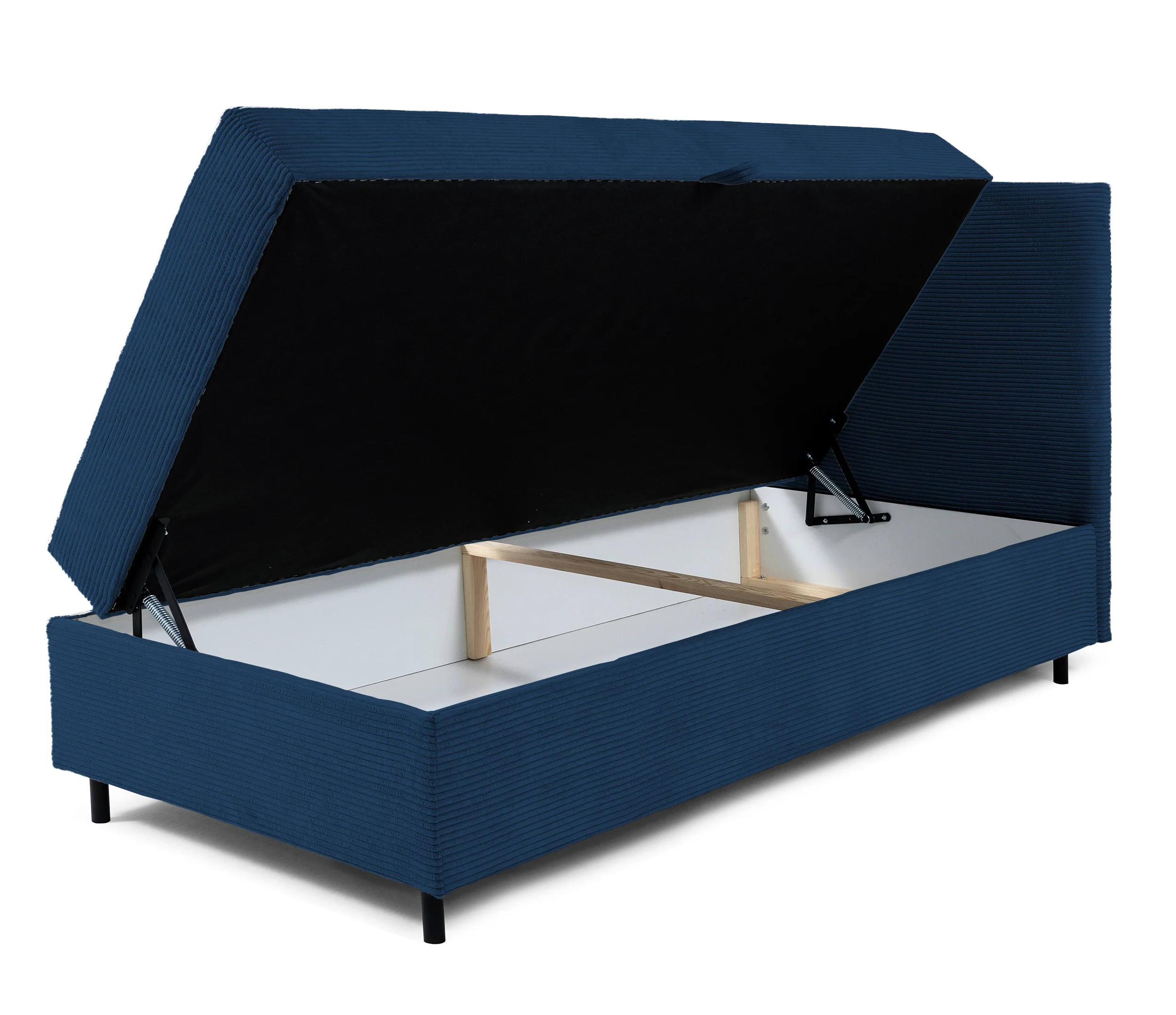 Łóżko kontynentalne jednosobowe Montigo Mini 90x200 cm z pojemnikiem, topperem i poduszką granatowe sztruks nogi czarne prawostronne - Image 4
