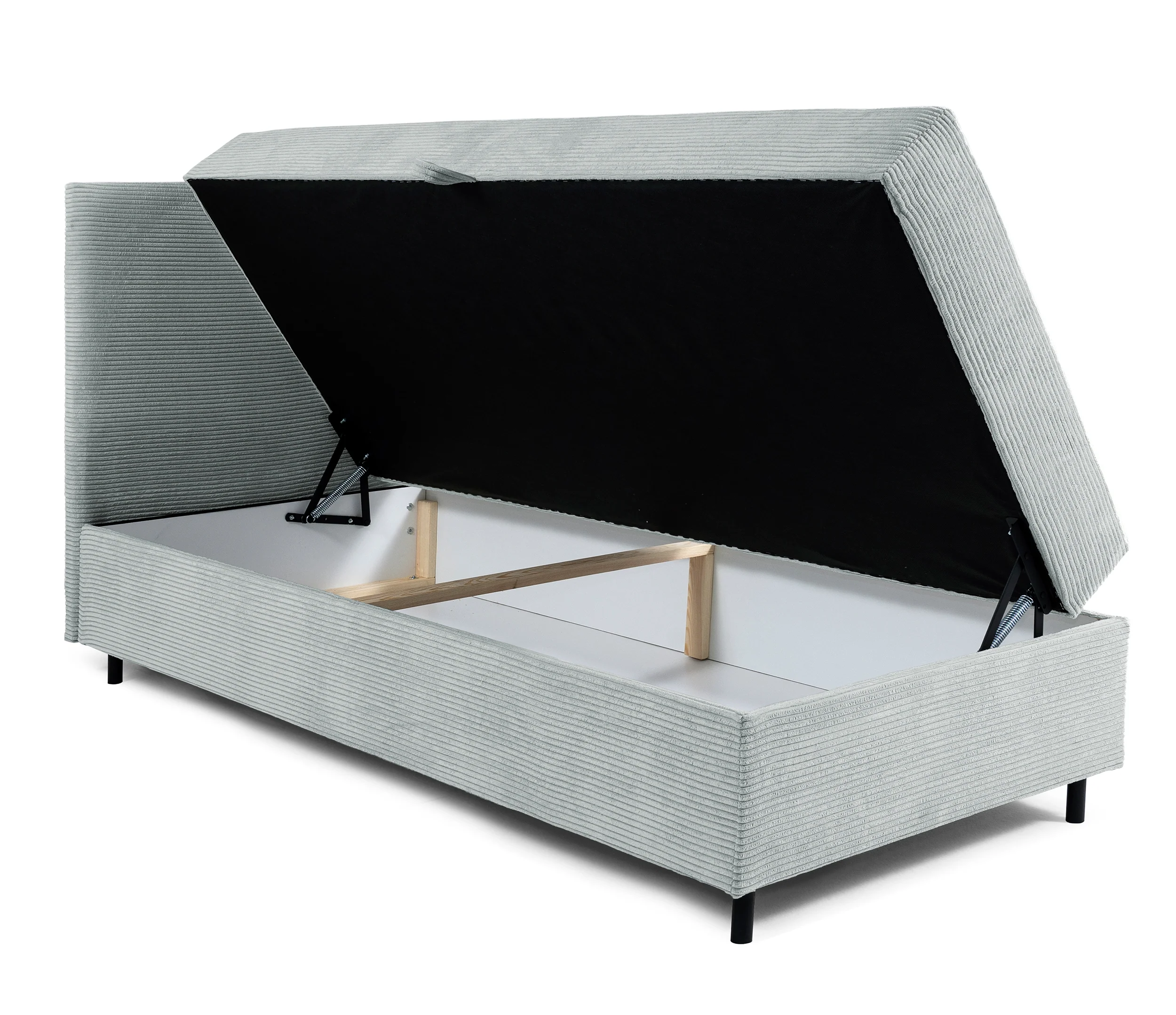 Łóżko kontynentalne jednosobowe Montigo Mini 90x200 cm z pojemnikiem, topperem i poduszką jasnoszare sztruks nogi czarne lewostronne - Image 4