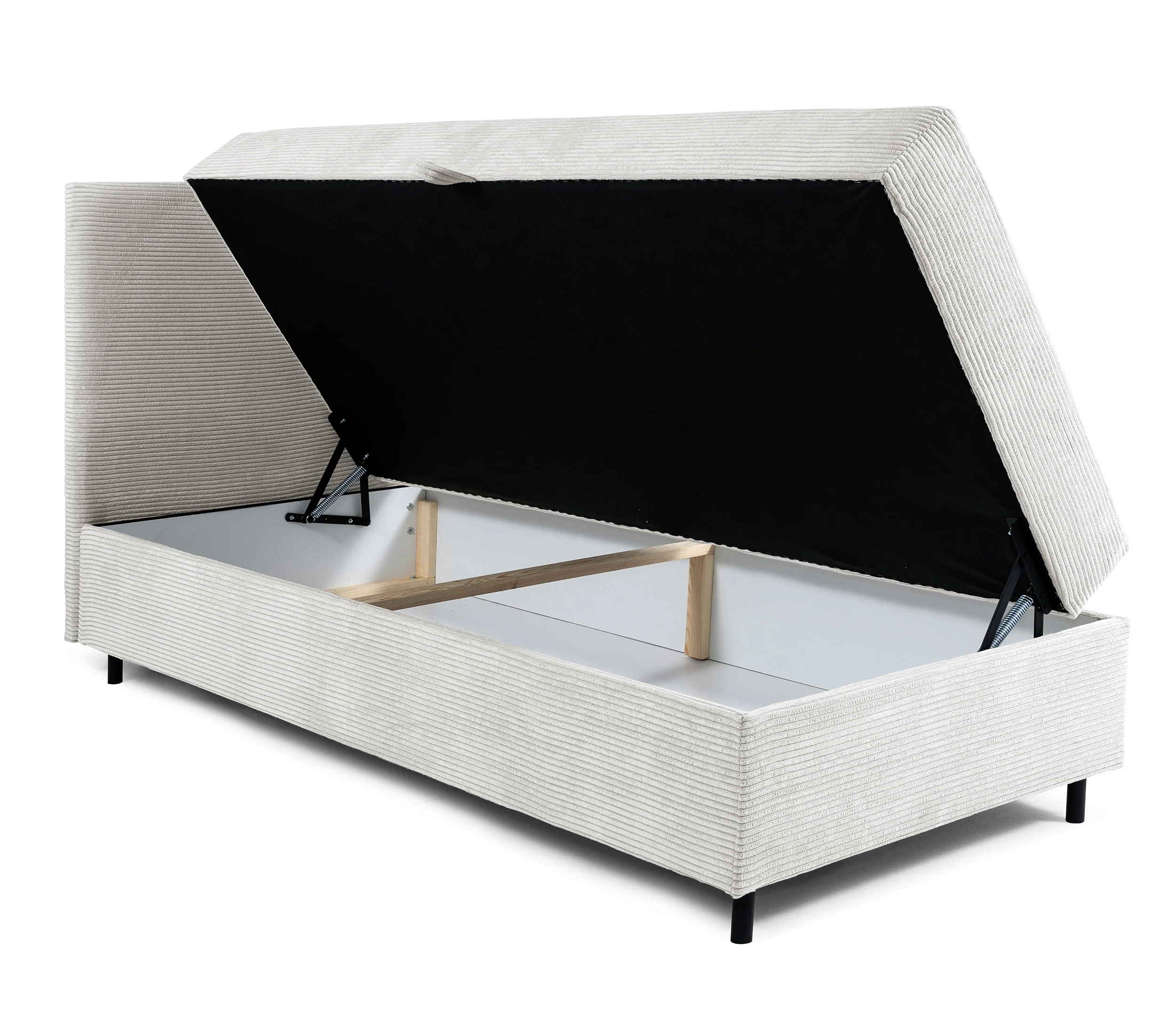 Łóżko kontynentalne jednosobowe Montigo Mini 90x200 cm z pojemnikiem, topperem i poduszką kremowe sztruks nogi czarne lewostronne - Image 4
