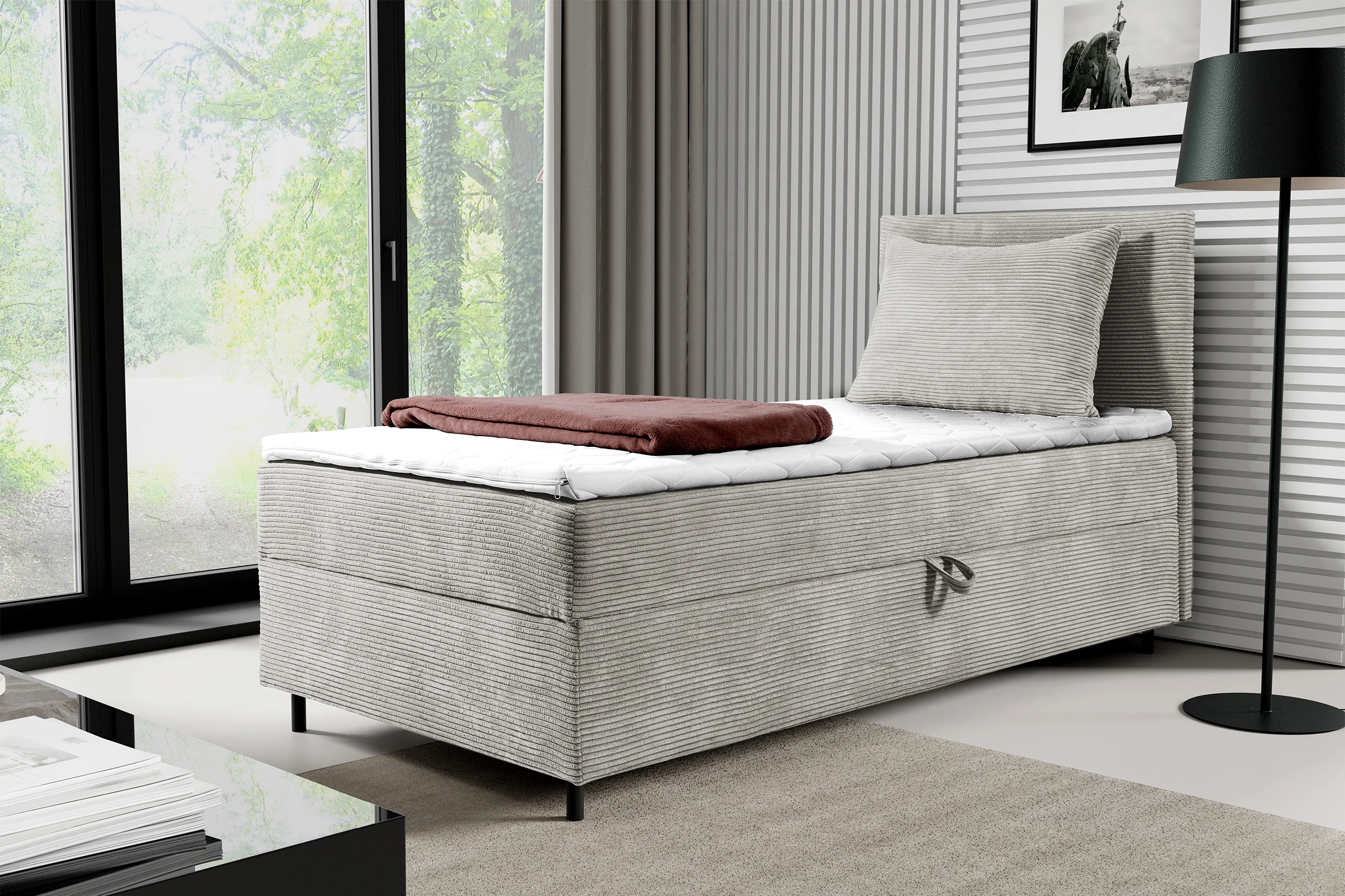 Łóżko kontynentalne jednosobowe Montigo Mini 90x200 cm z pojemnikiem, topperem i poduszką kremowe sztruks nogi czarne prawostronne - Image 2