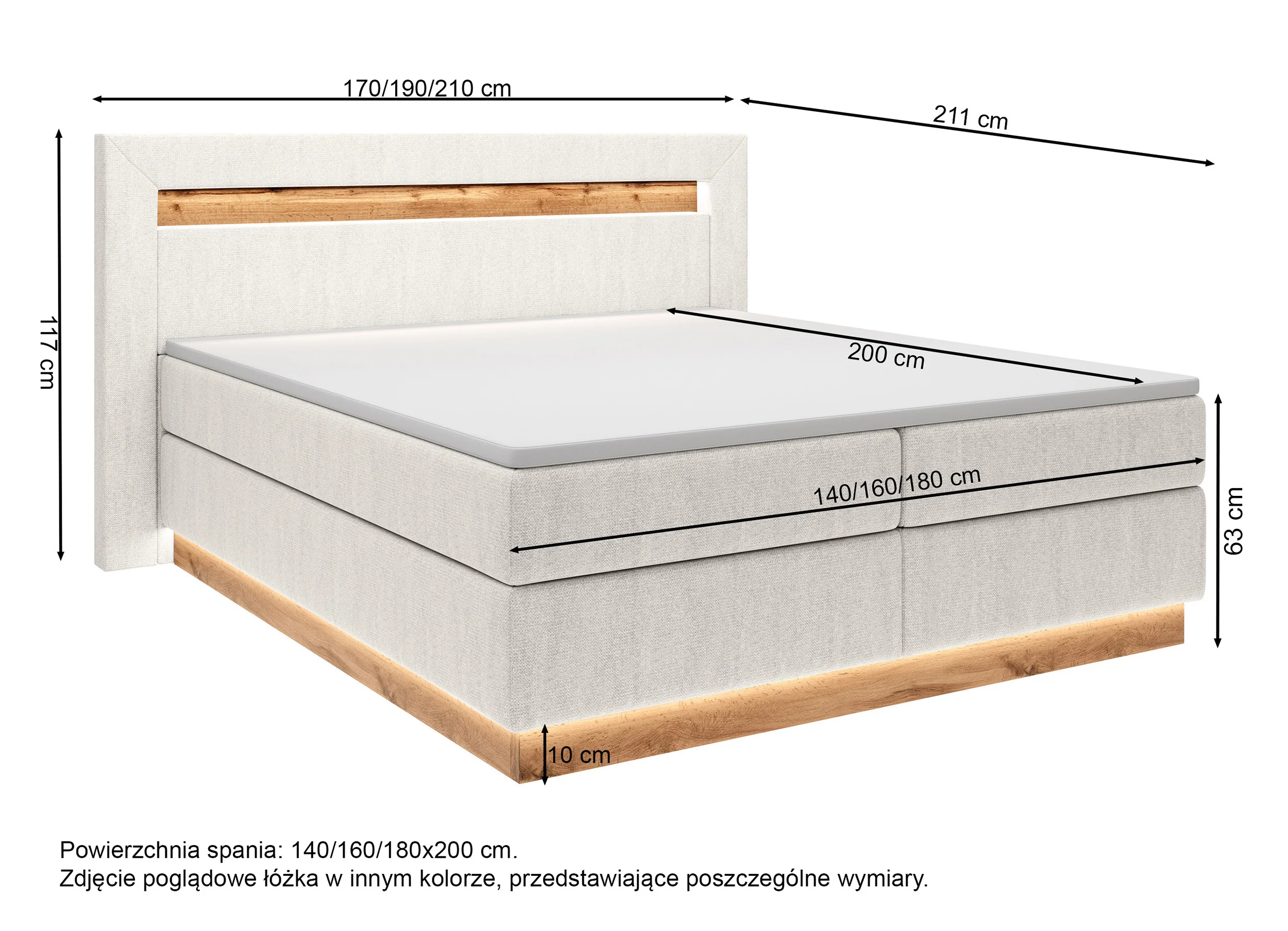 Łóżko kontynentalne Oski 140x200 cm z topperem i oświetleniem jasnoszary welur - Image 4