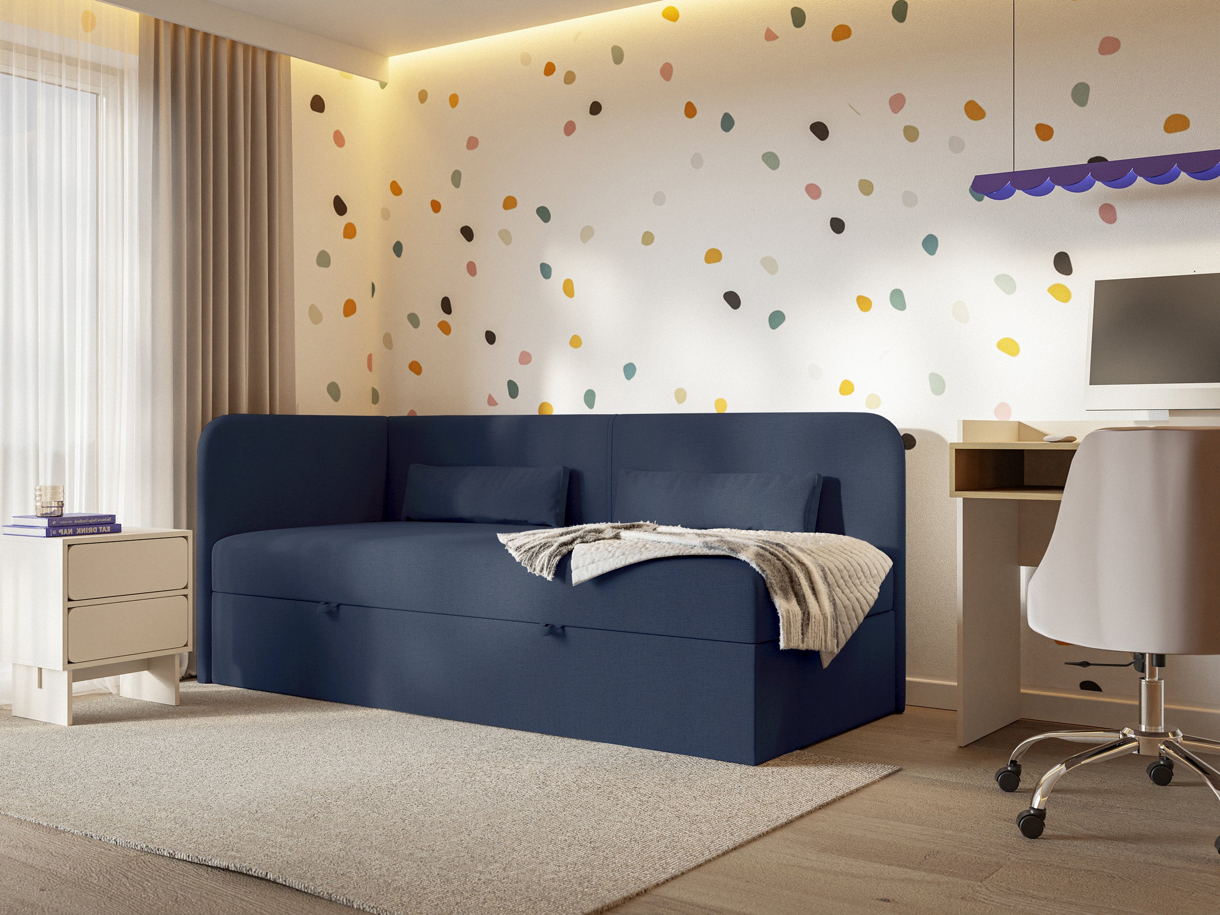 Łóżko młodzieżowe 90x200 cm Calmmo lewostronne z pojemnikiem granatowe szenil hydrofobowy - Image 4