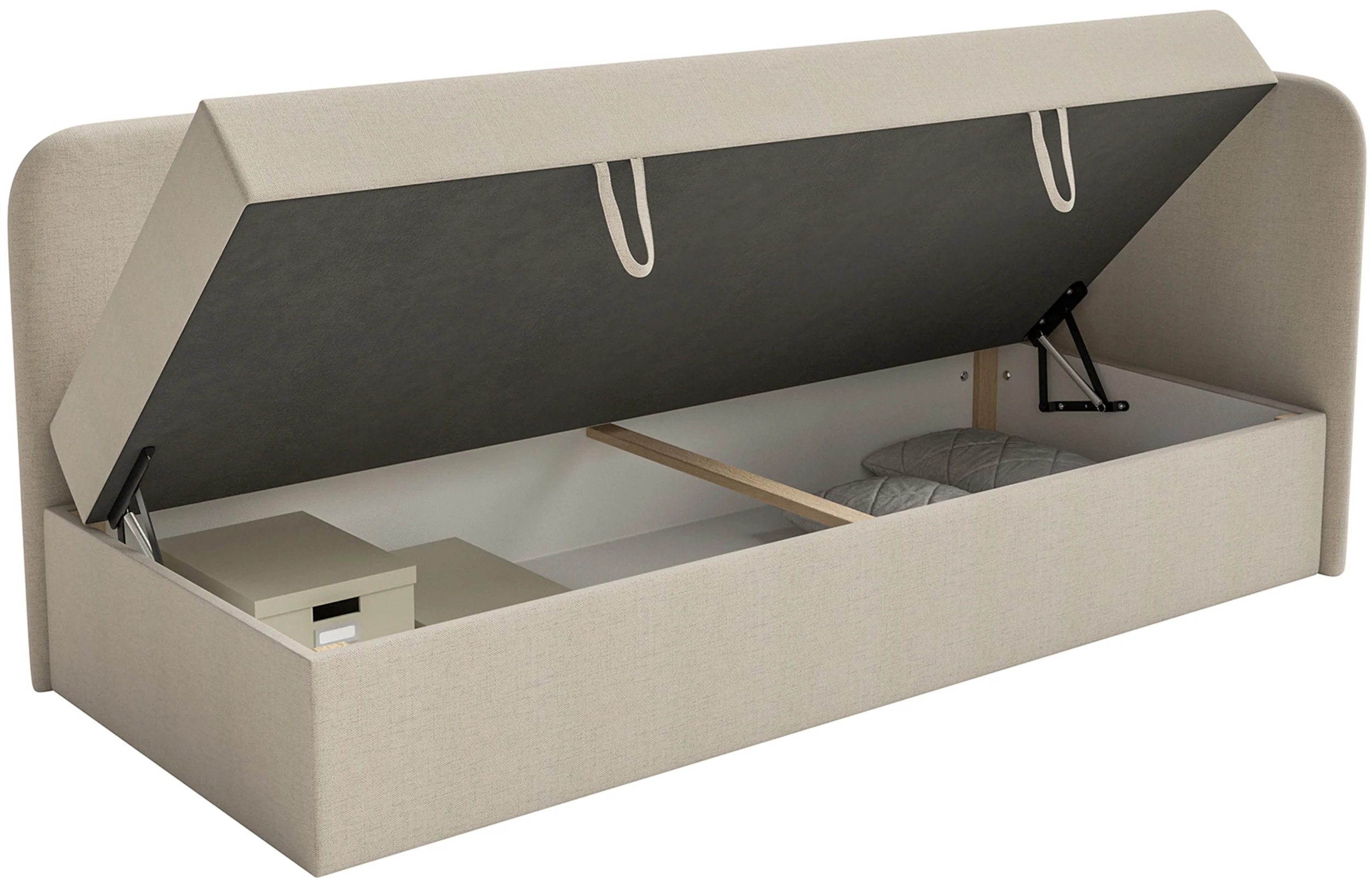 Łóżko młodzieżowe 90x200 cm Calmmo prawostronne z pojemnikiem jasnobeżowe szenil hydrofobowy - Image 7