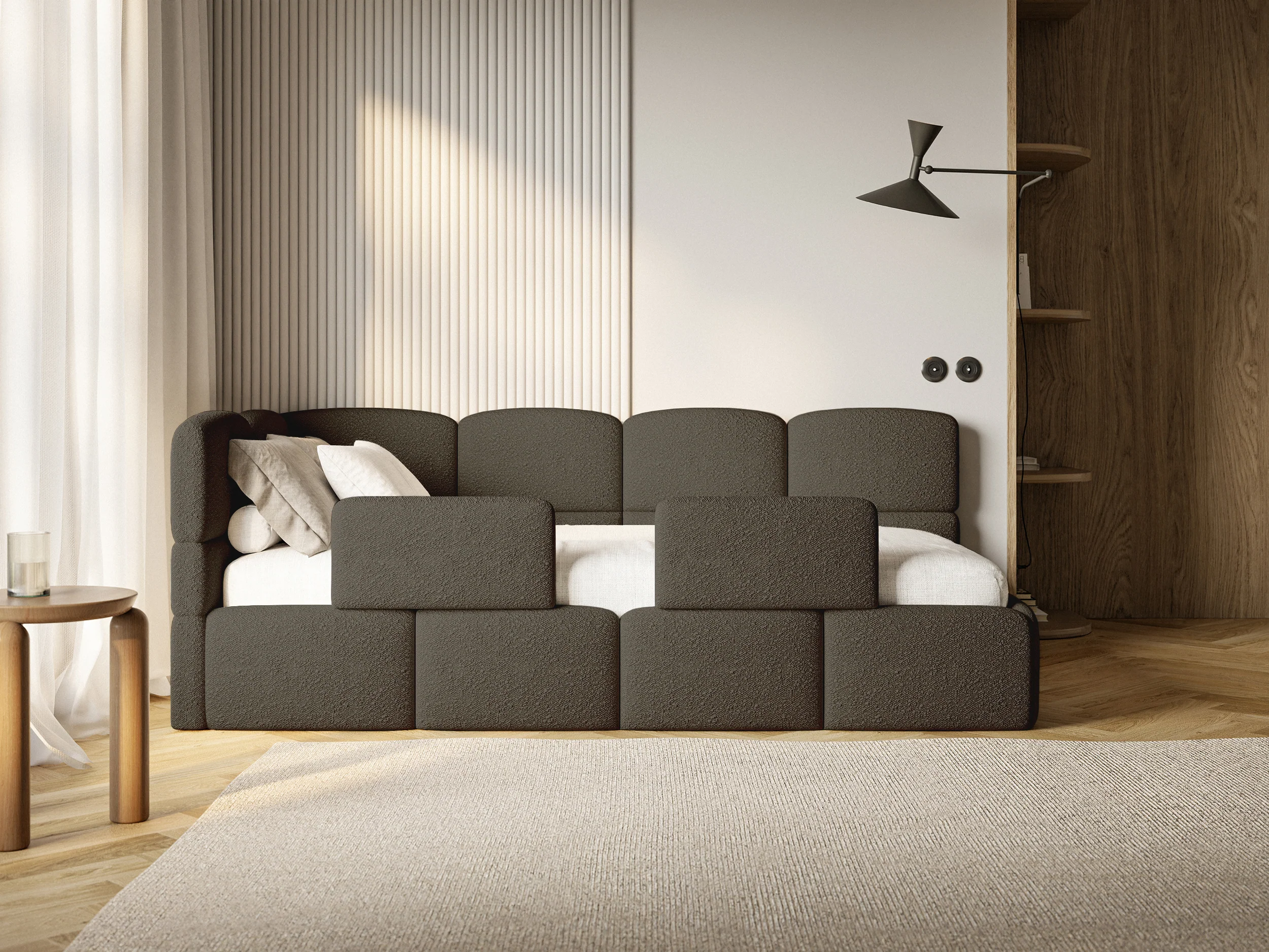 Łóżko młodzieżowe 90x200 cm Cloudy lewostronne z materacem pojemnikiem i barierkami brązowe boucle - Image 4
