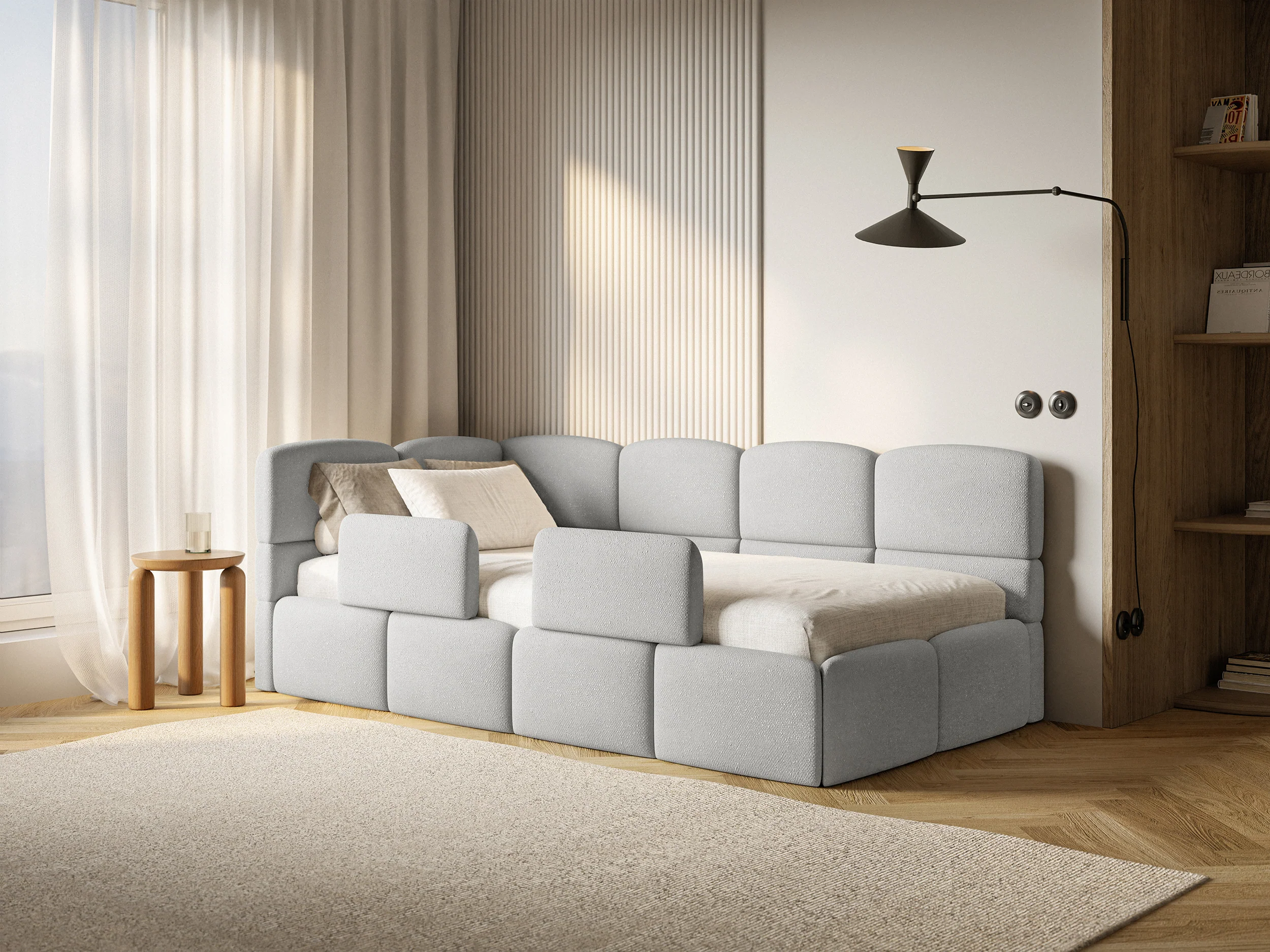 Łóżko młodzieżowe 90x200 cm Cloudy lewostronne z materacem pojemnikiem i barierkami jasnoszare szenil - Image 2