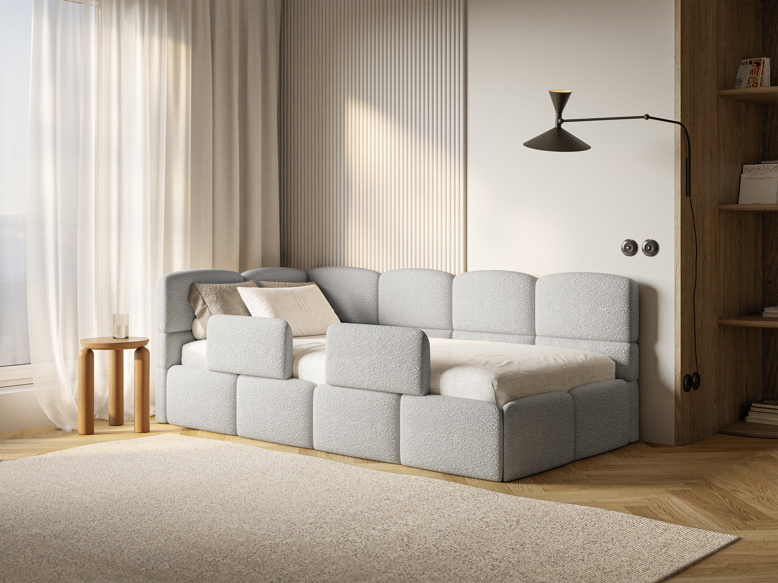 Łóżko młodzieżowe 90x200 cm Cloudy lewostronne z materacem pojemnikiem i barierkami szarobeżowe boucle - Image 2