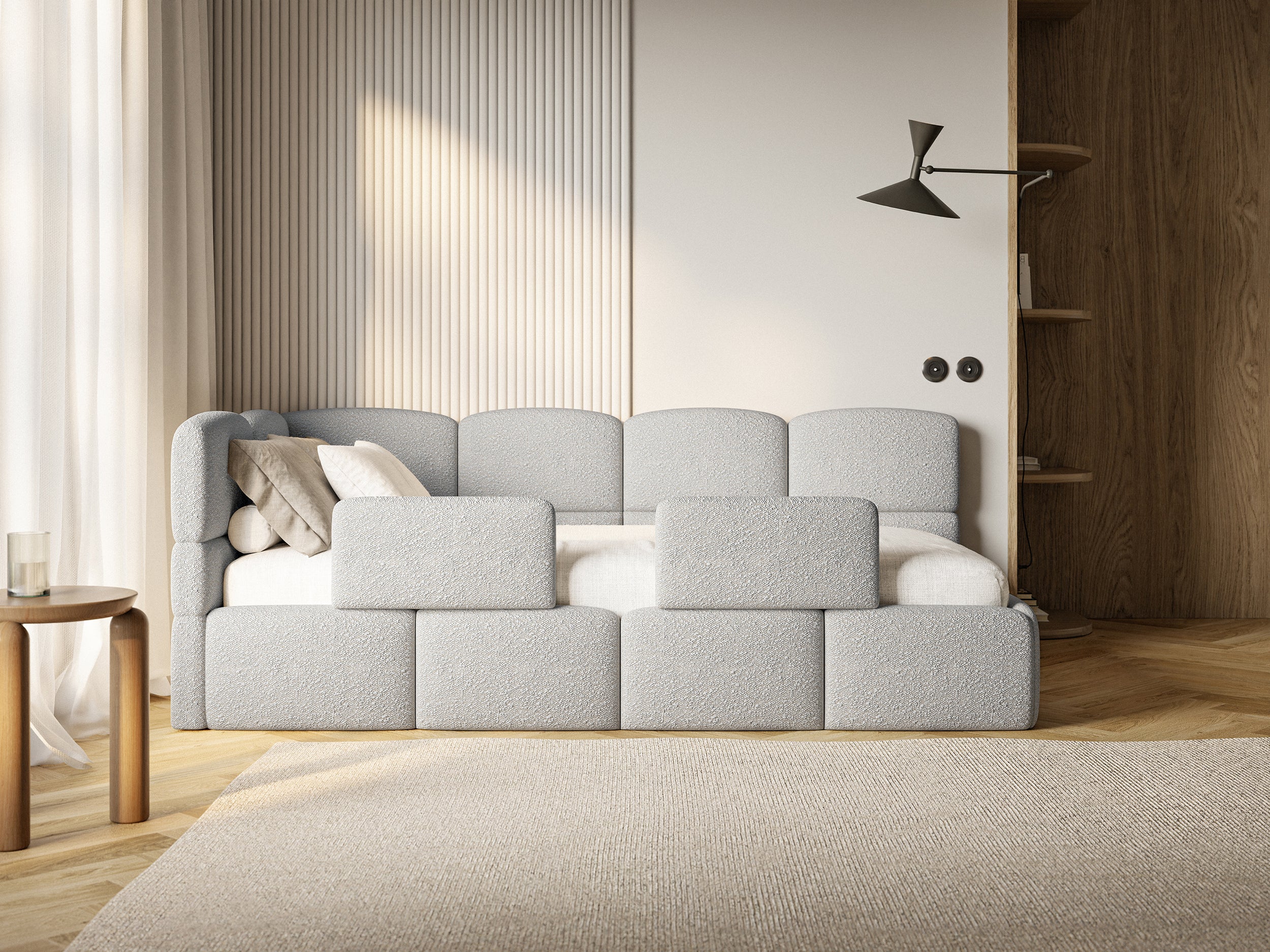 Łóżko młodzieżowe 90x200 cm Cloudy lewostronne z materacem pojemnikiem i barierkami szarobeżowe boucle - Image 4