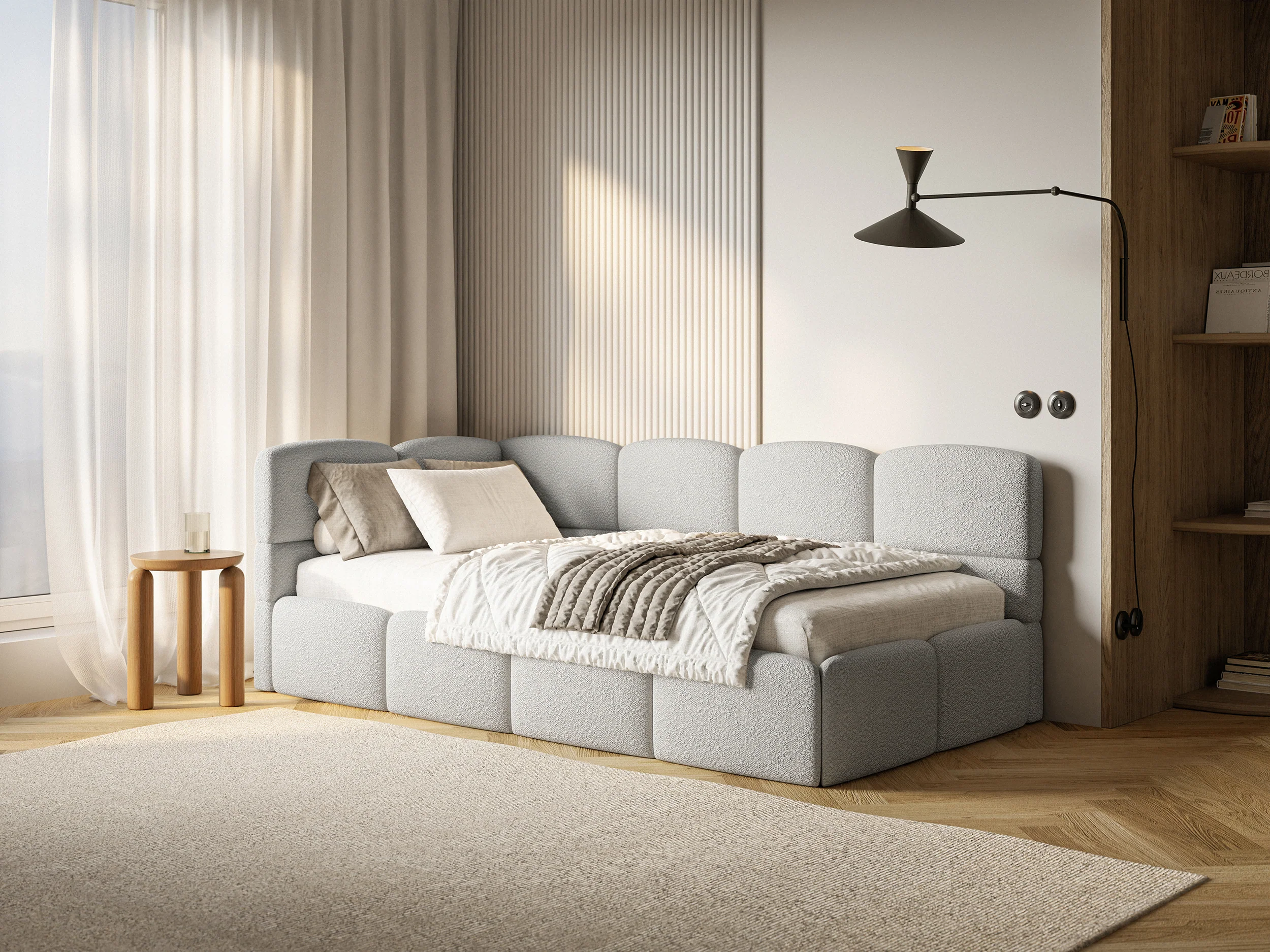 Łóżko młodzieżowe 90x200 cm Cloudy lewostronne z materacem pojemnikiem i barierkami szarobeżowe boucle - Image 5