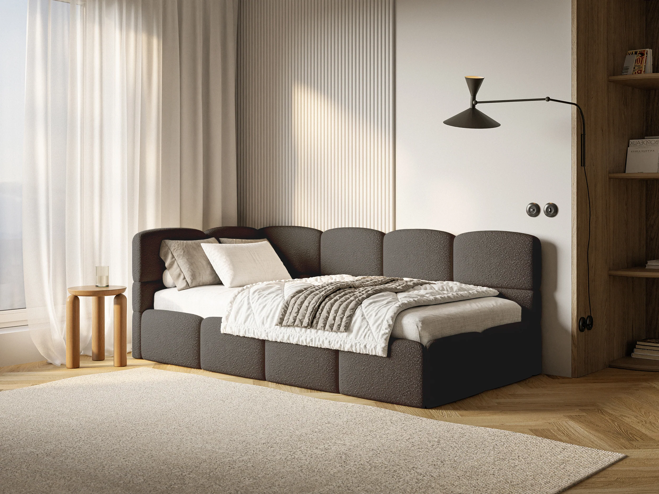 Łóżko młodzieżowe 90x200 cm Cloudy lewostronne z pojemnikiem brązowe boucle - Image 2