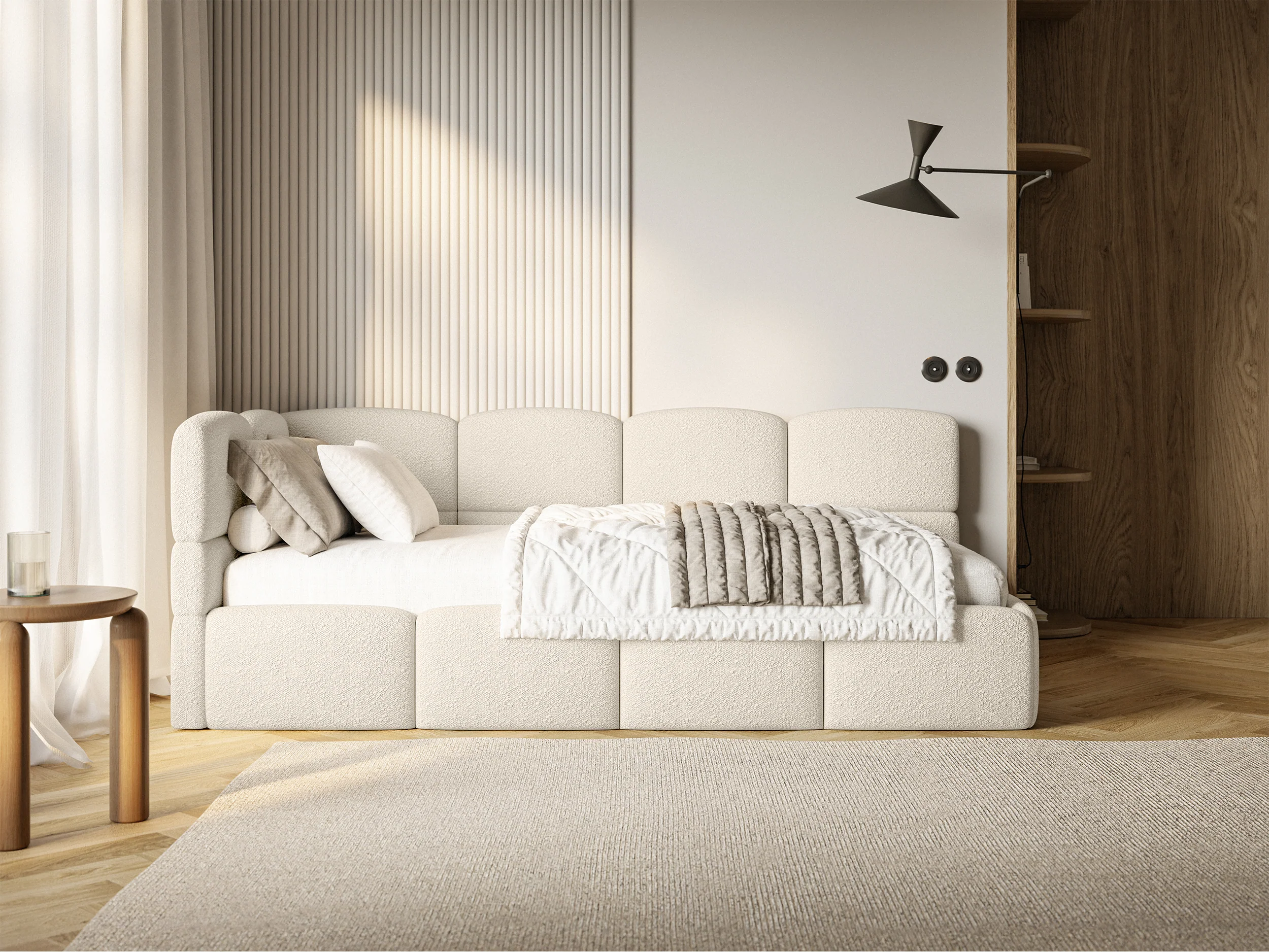 Łóżko młodzieżowe 90x200 cm Cloudy lewostronne z pojemnikiem i barierkami jasnobeżowe boucle - Image 3