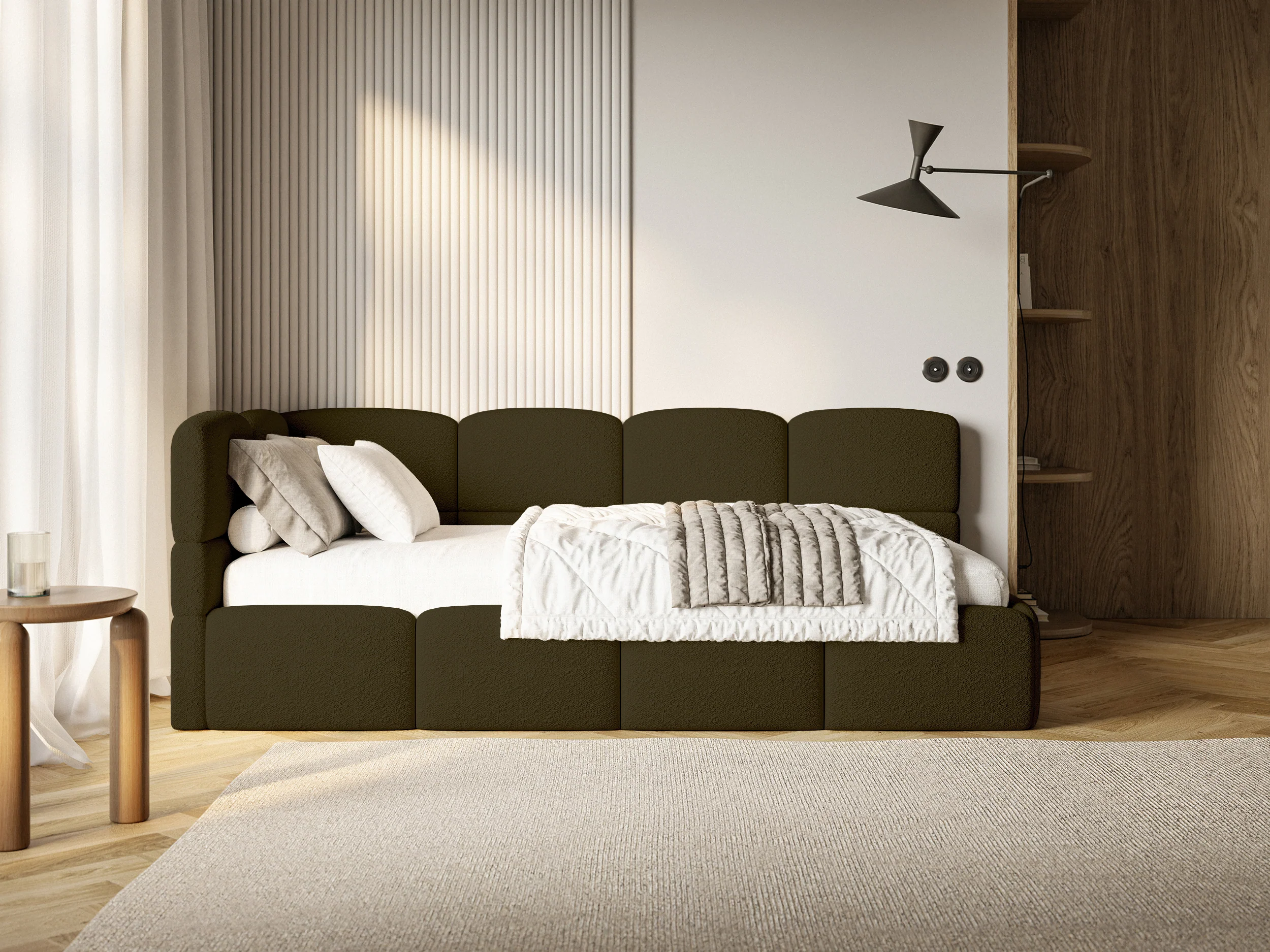 Łóżko młodzieżowe 90x200 cm Cloudy lewostronne z pojemnikiem i barierkami oliwkowe boucle - Image 6