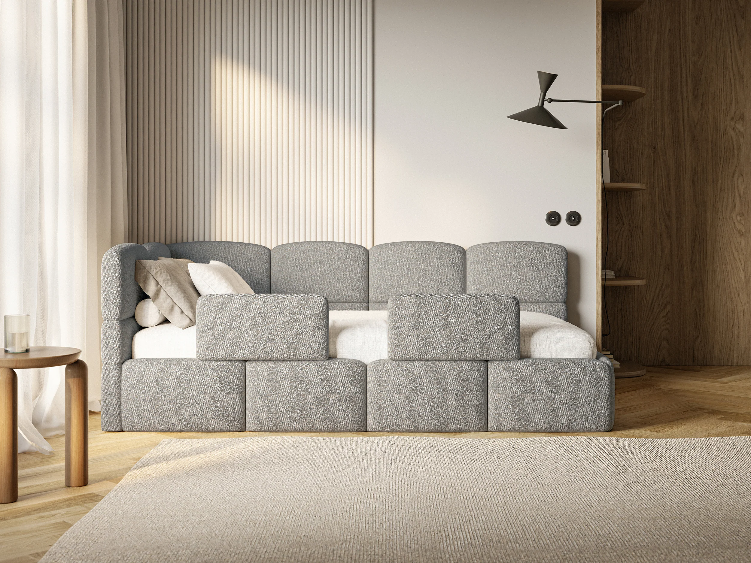 Łóżko młodzieżowe 90x200 cm Cloudy lewostronne z pojemnikiem i barierkami szare boucle - Image 4