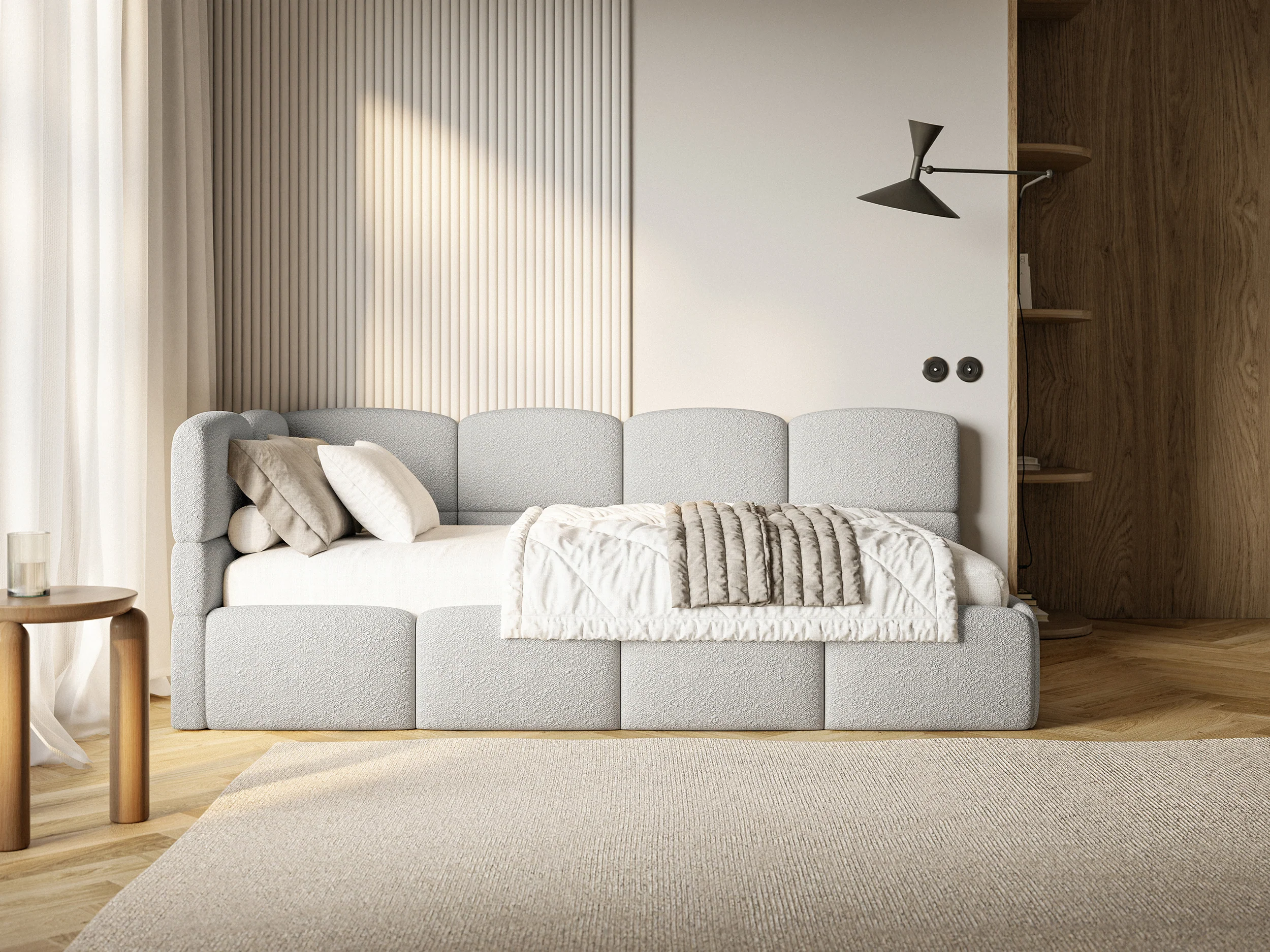 Łóżko młodzieżowe 90x200 cm Cloudy lewostronne z pojemnikiem i barierkami szarobeżowe boucle - Image 6