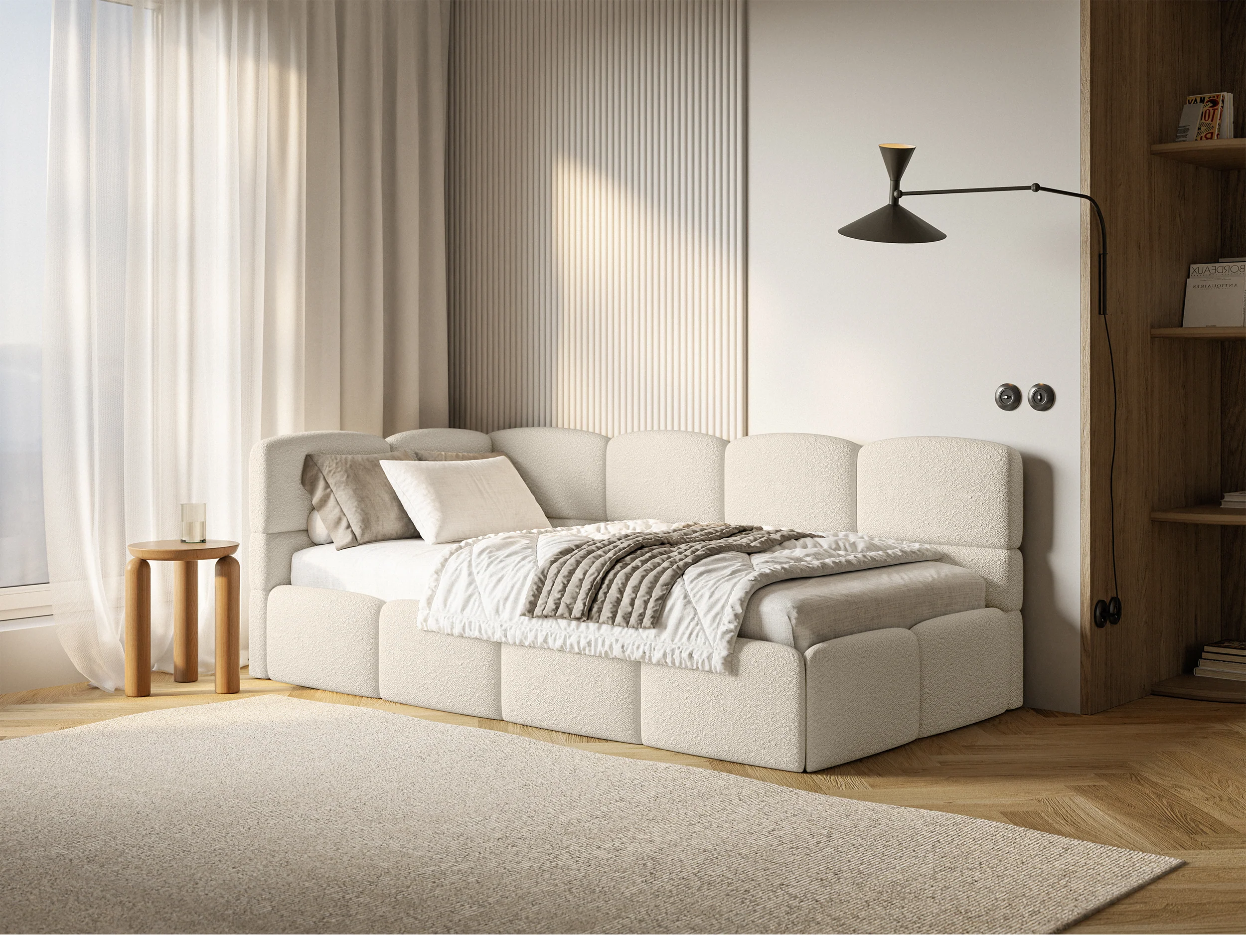 Łóżko młodzieżowe 90x200 cm Cloudy lewostronne z pojemnikiem jasnobeżowe boucle - Image 2