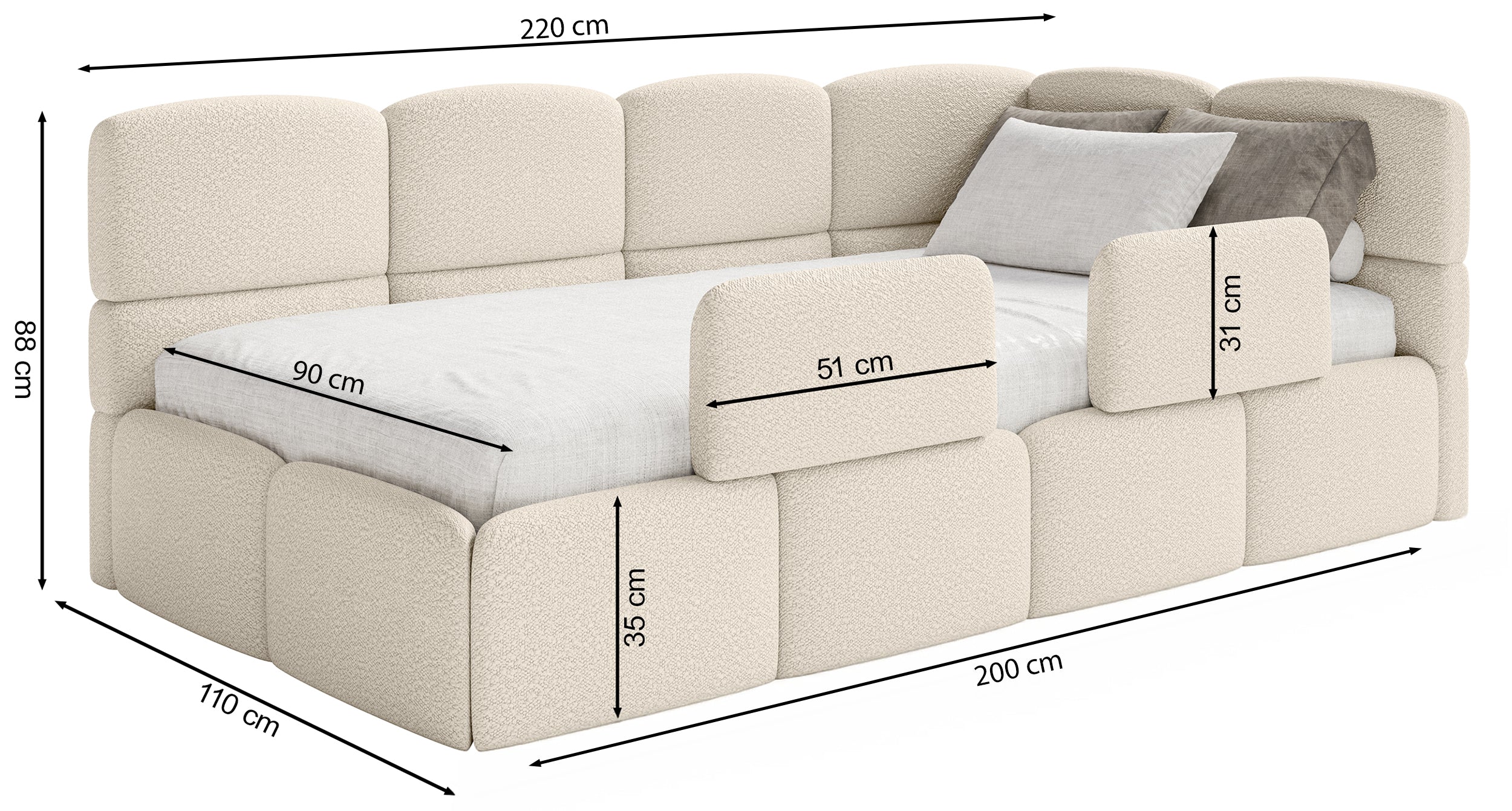 Łóżko młodzieżowe 90x200 cm Cloudy prawostronne z materacem i pojemnikiem oliwkowe boucle - Image 6