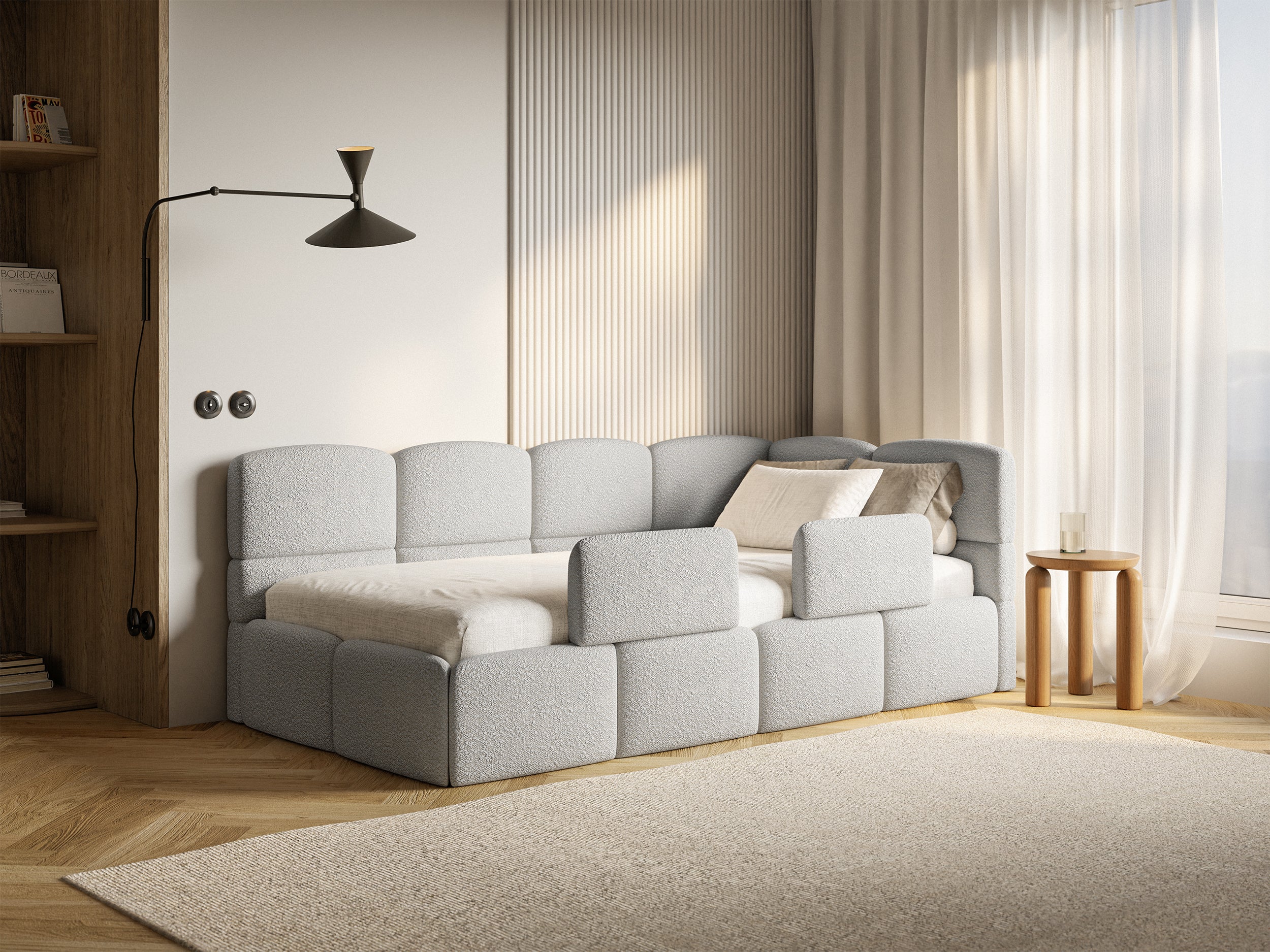 Łóżko młodzieżowe 90x200 cm Cloudy prawostronne z materacem pojemnikiem i barierkami szarobeżowe boucle - Image 2