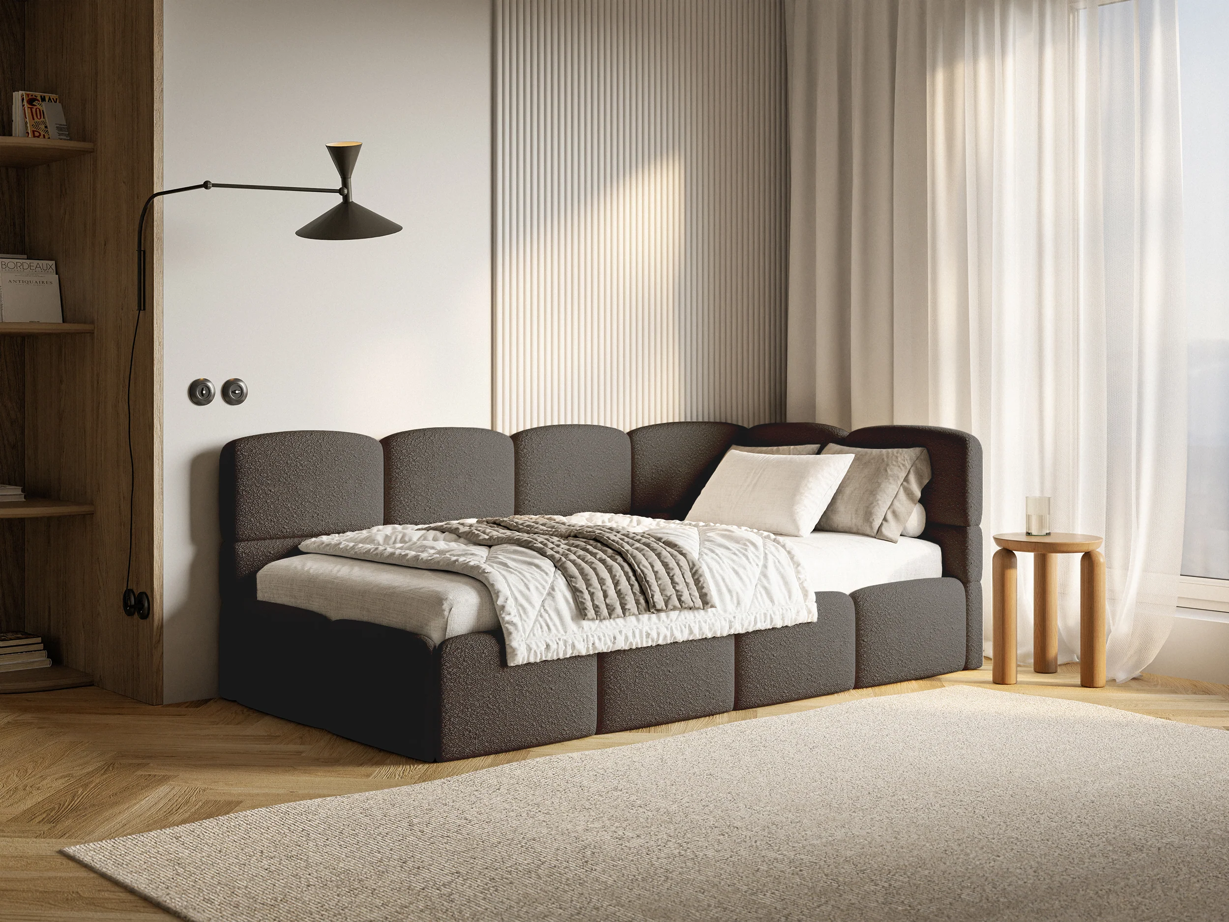 Łóżko młodzieżowe 90x200 cm Cloudy prawostronne z pojemnikiem brązowe boucle - Image 2