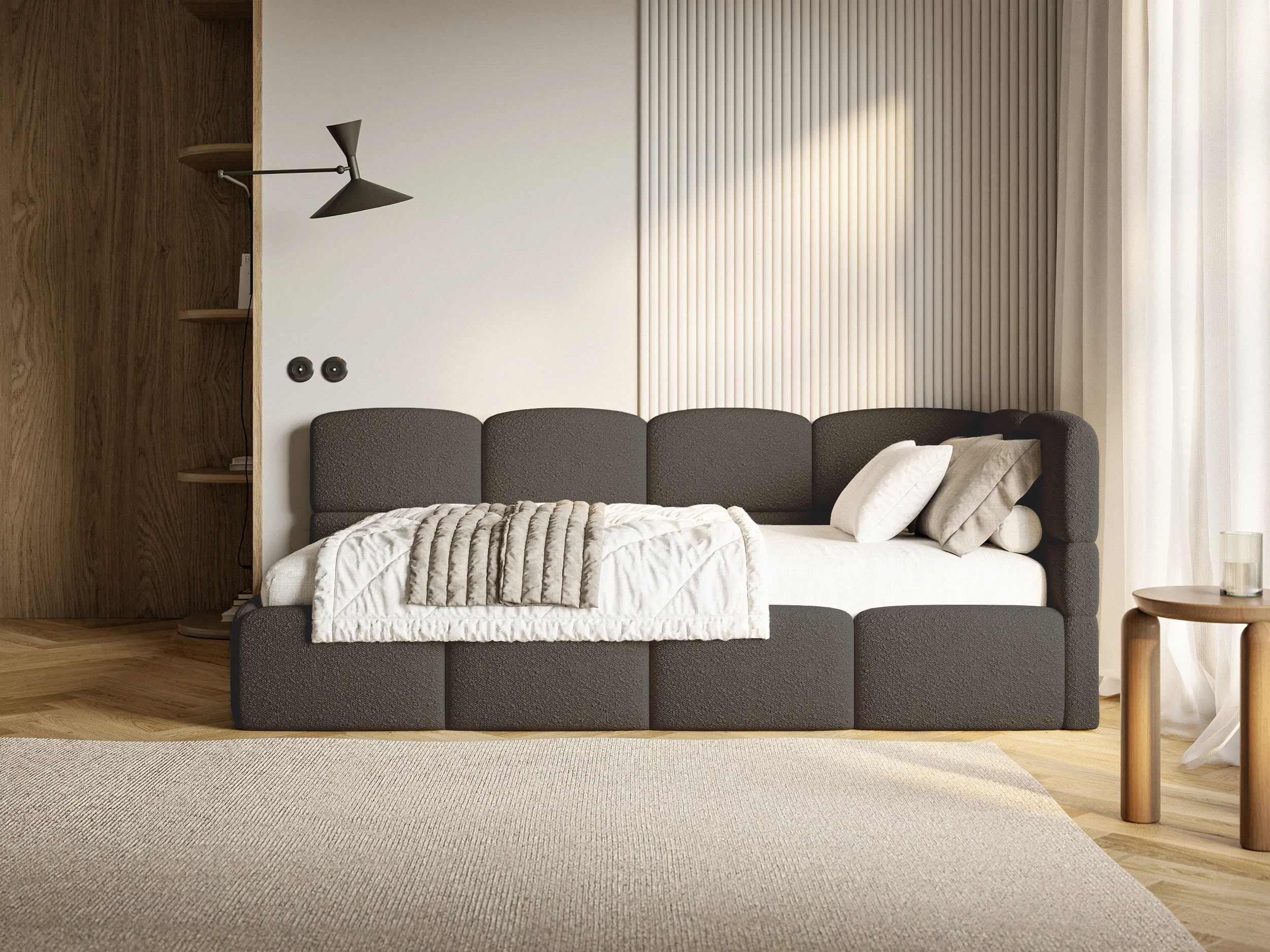 Łóżko młodzieżowe 90x200 cm Cloudy prawostronne z pojemnikiem brązowe boucle - Image 4