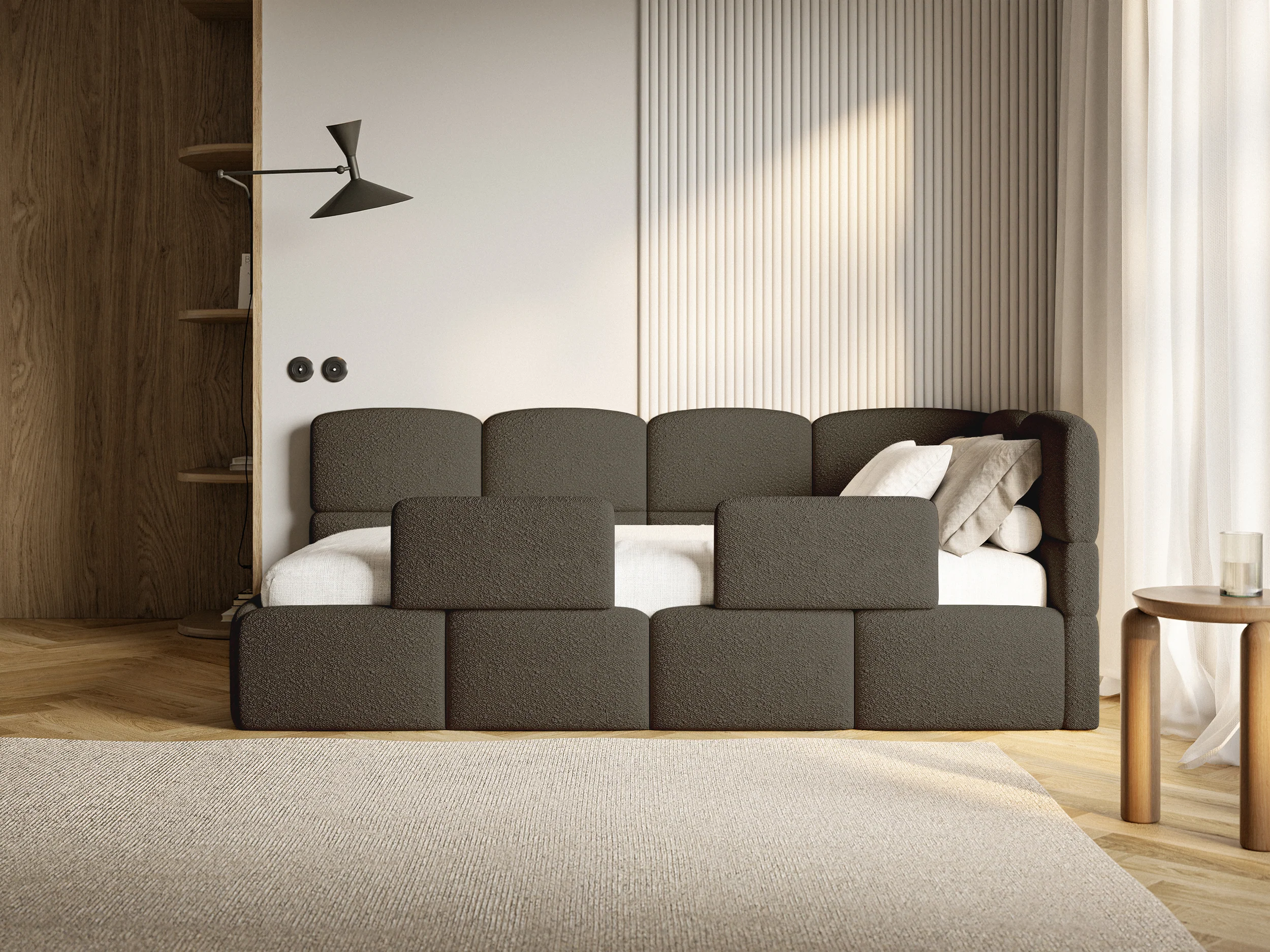 Łóżko młodzieżowe 90x200 cm Cloudy prawostronne z pojemnikiem i barierkami brązowe boucle - Image 4