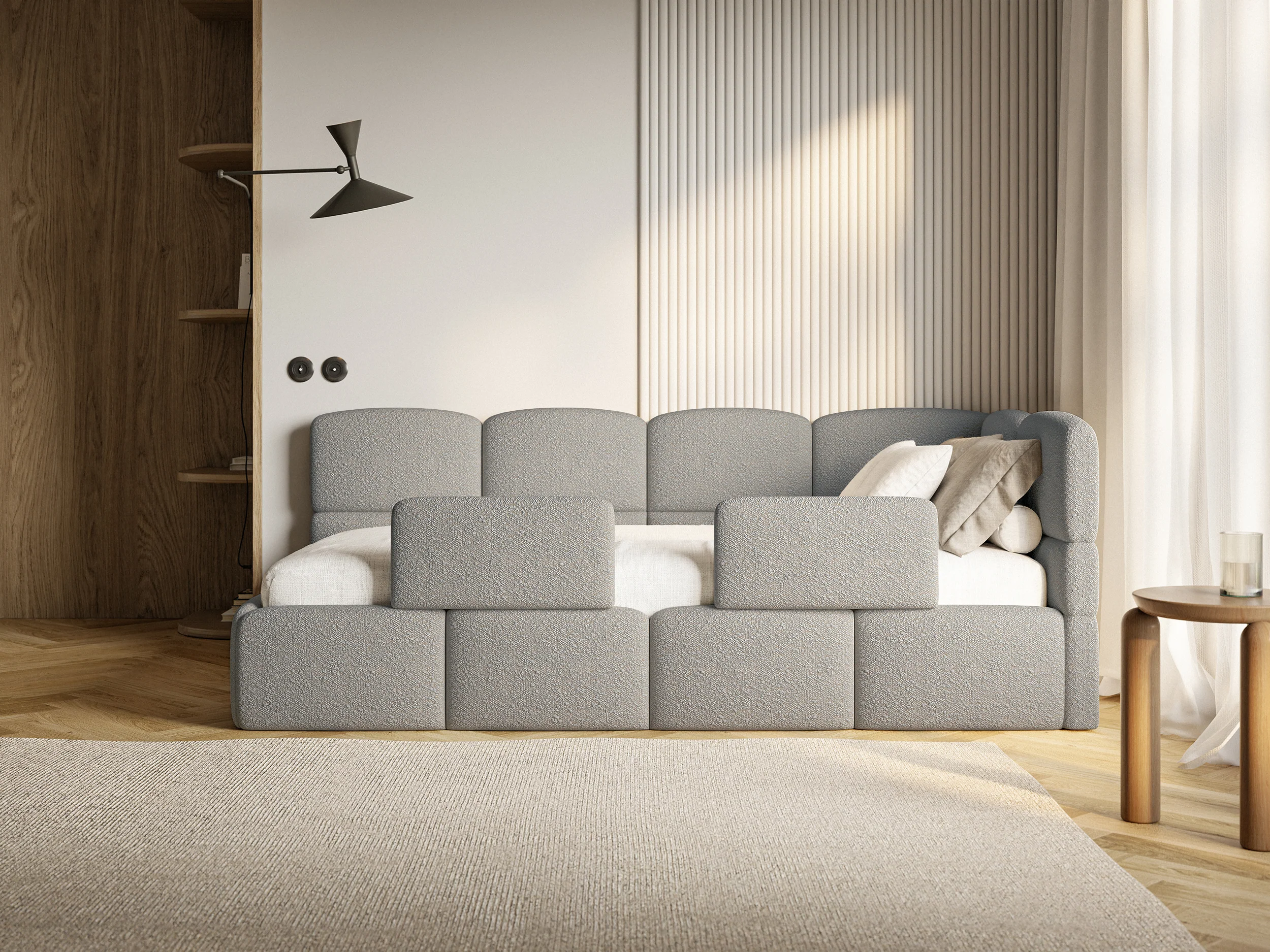Łóżko młodzieżowe 90x200 cm Cloudy prawostronne z pojemnikiem i barierkami szare boucle - Image 4