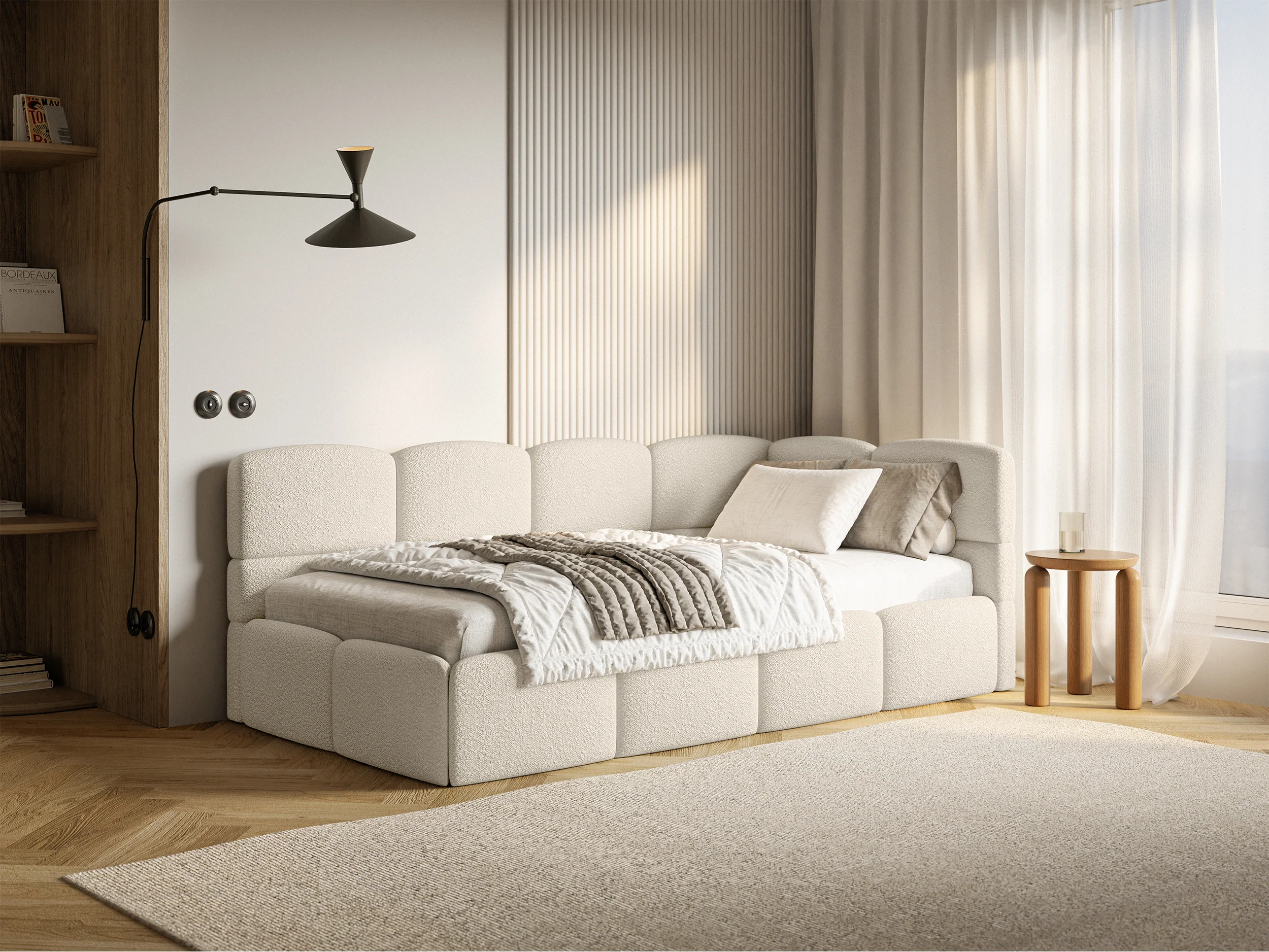 Łóżko młodzieżowe 90x200 cm Cloudy prawostronne z pojemnikiem jasnobeżowe boucle - Image 2