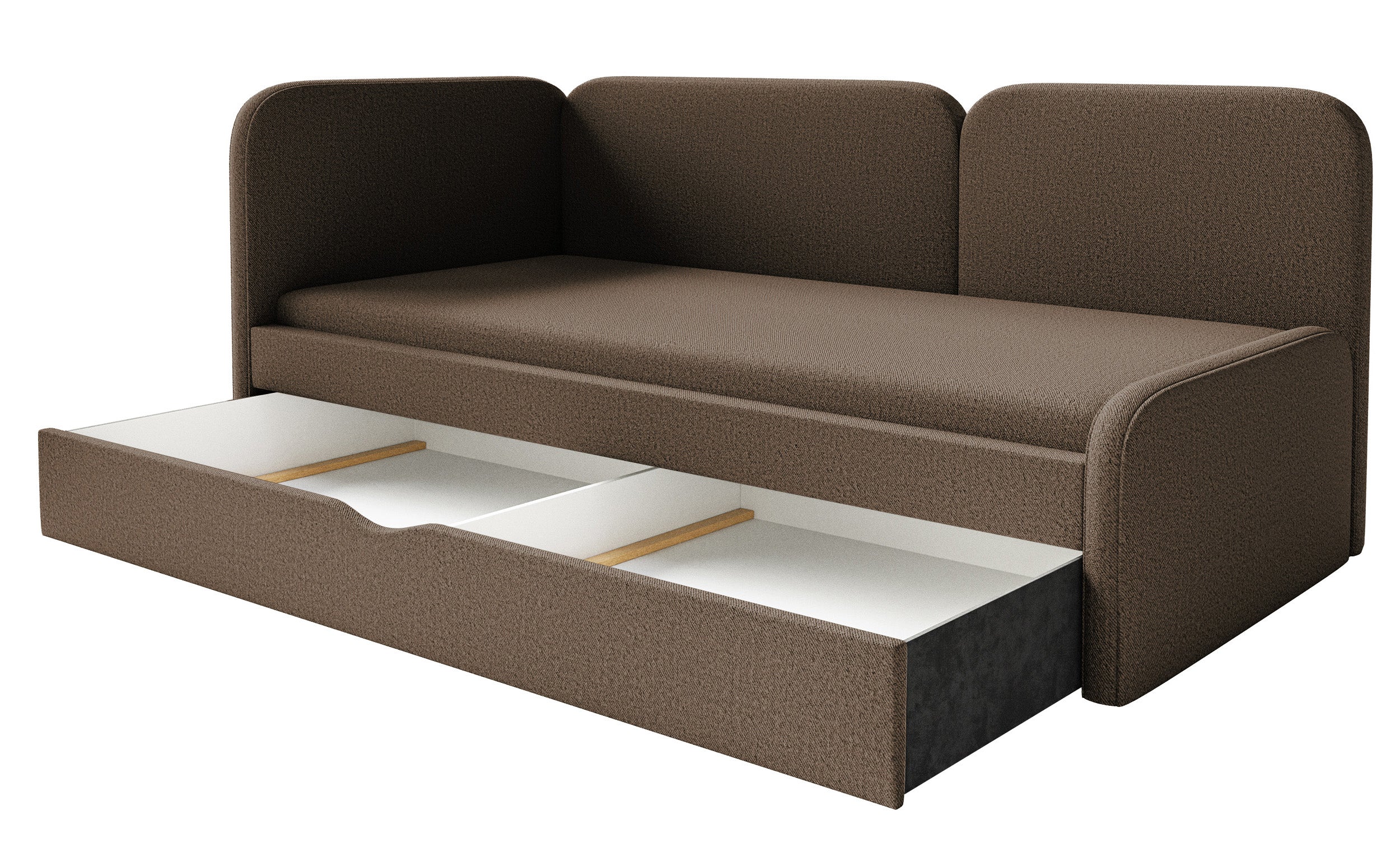 Łóżko młodzieżowe 90x200 cm Cuddy lewostronne z materacem i pojemnikiem brązowe dzianina łatwoczyszcząca - Image 4
