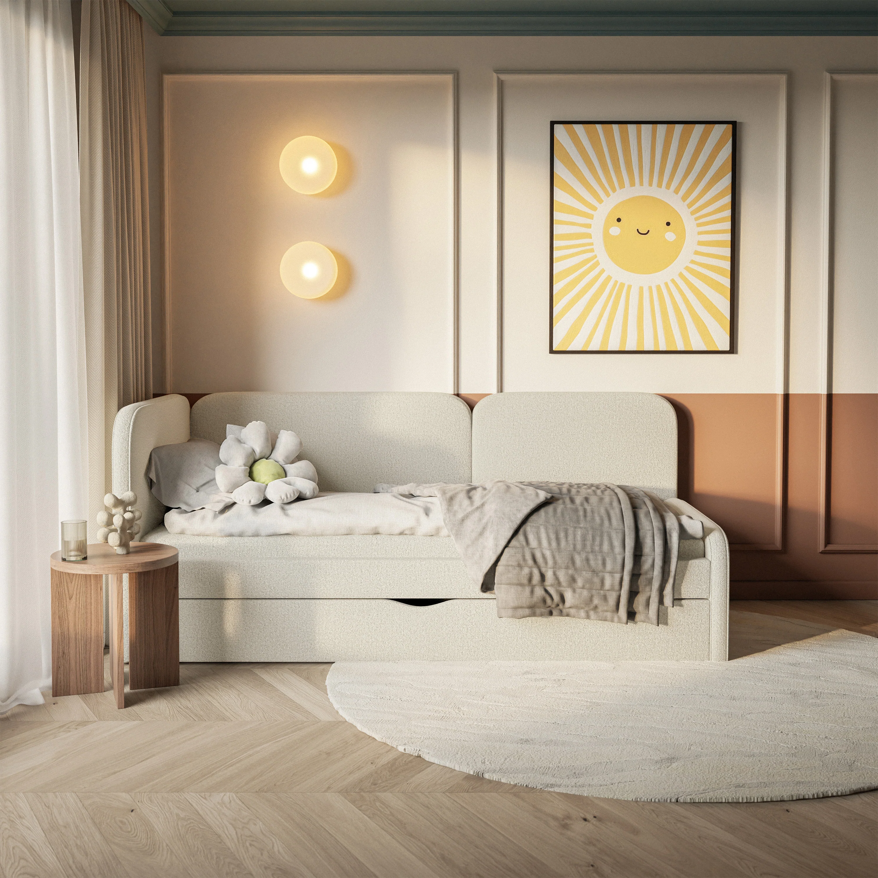 Łóżko młodzieżowe 90x200 cm Cuddy lewostronne z materacem i pojemnikiem jasnobeżowe dzianina łatwoczyszcząca - Image 3