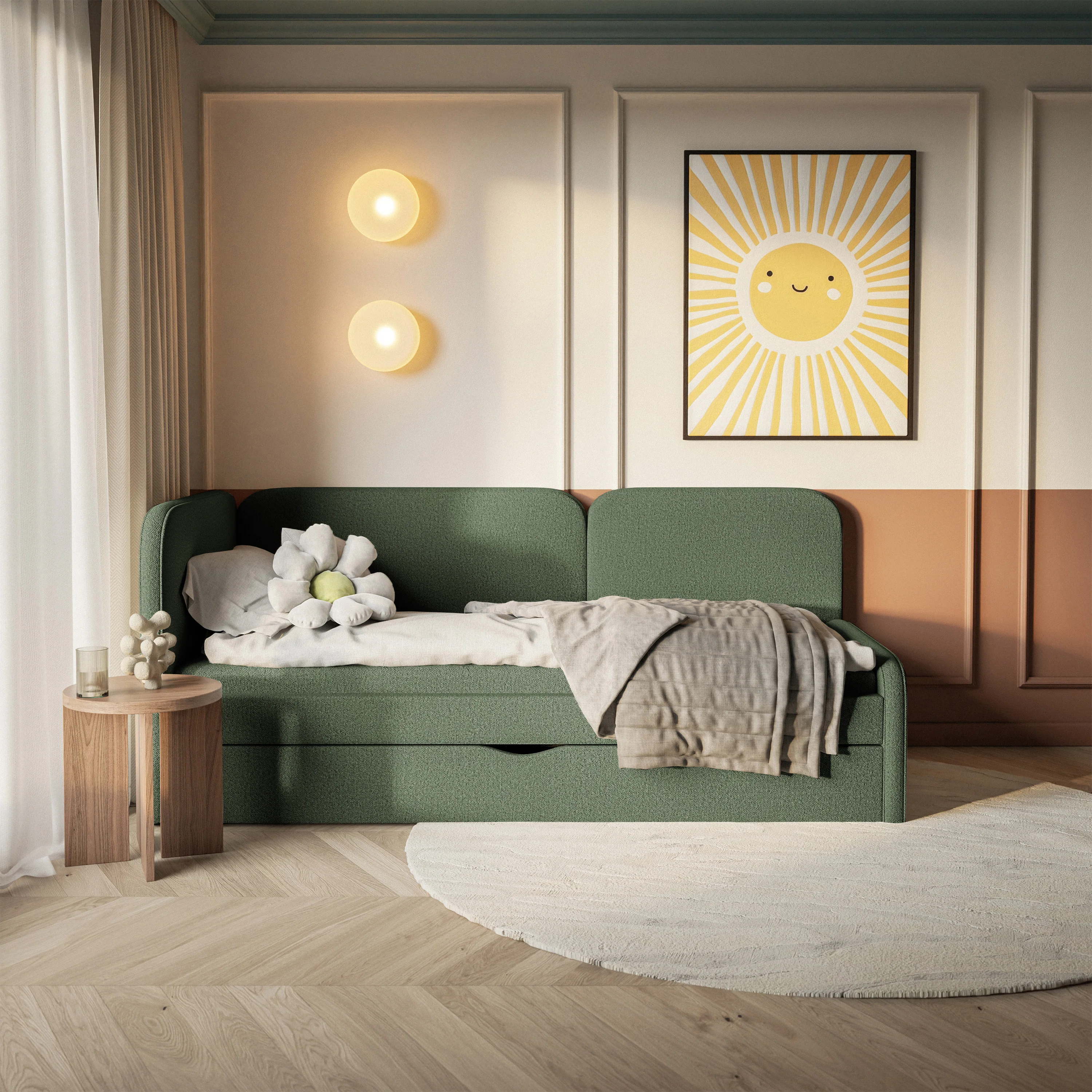 Łóżko młodzieżowe 90x200 cm Cuddy lewostronne z materacem i pojemnikiem oliwkowe dzianina łatwoczyszcząca - Image 3
