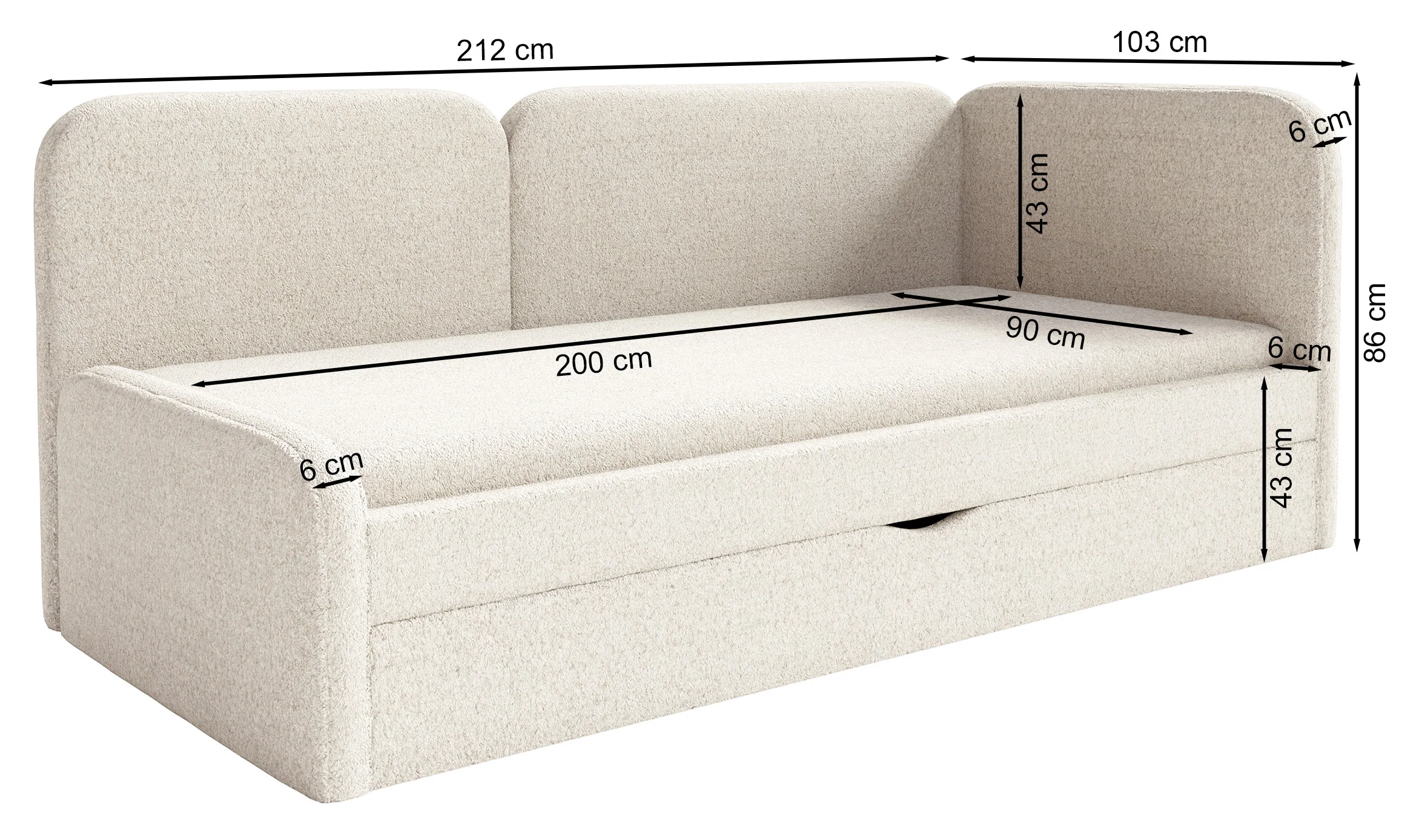 Łóżko młodzieżowe 90x200 cm Cuddy lewostronne z materacem i pojemnikiem szałwiowe plusz hydrofobowy - Image 8