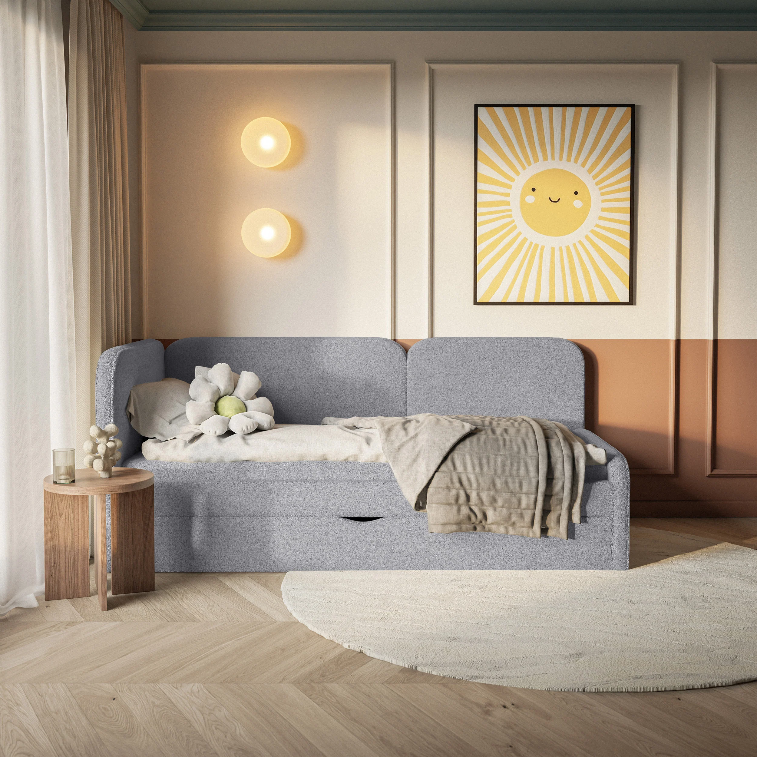 Łóżko młodzieżowe 90x200 cm Cuddy lewostronne z materacem i pojemnikiem szare plusz hydrofobowy - Image 3