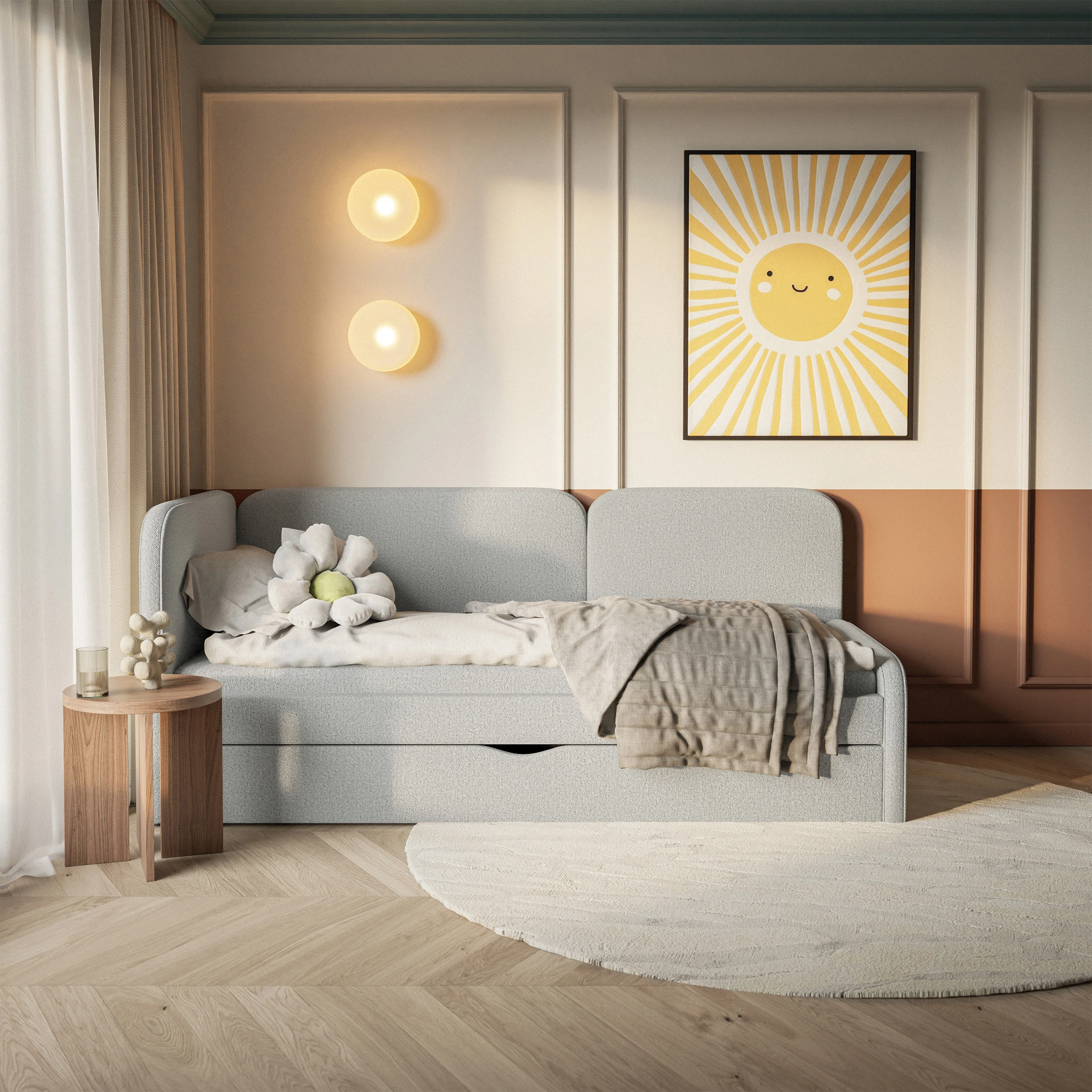 Łóżko młodzieżowe 90x200 cm Cuddy lewostronne z materacem i pojemnikiem szarobeżowe dzianina łatwoczyszcząca - Image 3