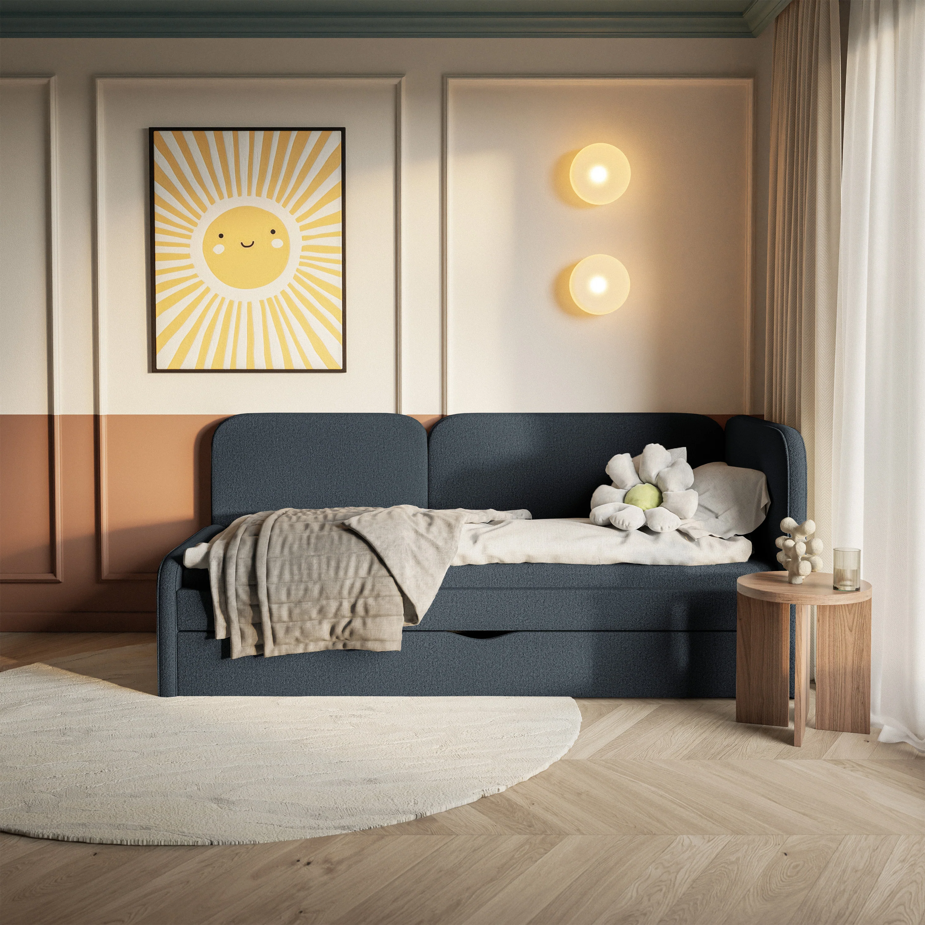 Łóżko młodzieżowe 90x200 cm Cuddy prawostronne z materacem i pojemnikiem granatowe dzianina łatwoczyszcząca - Image 3