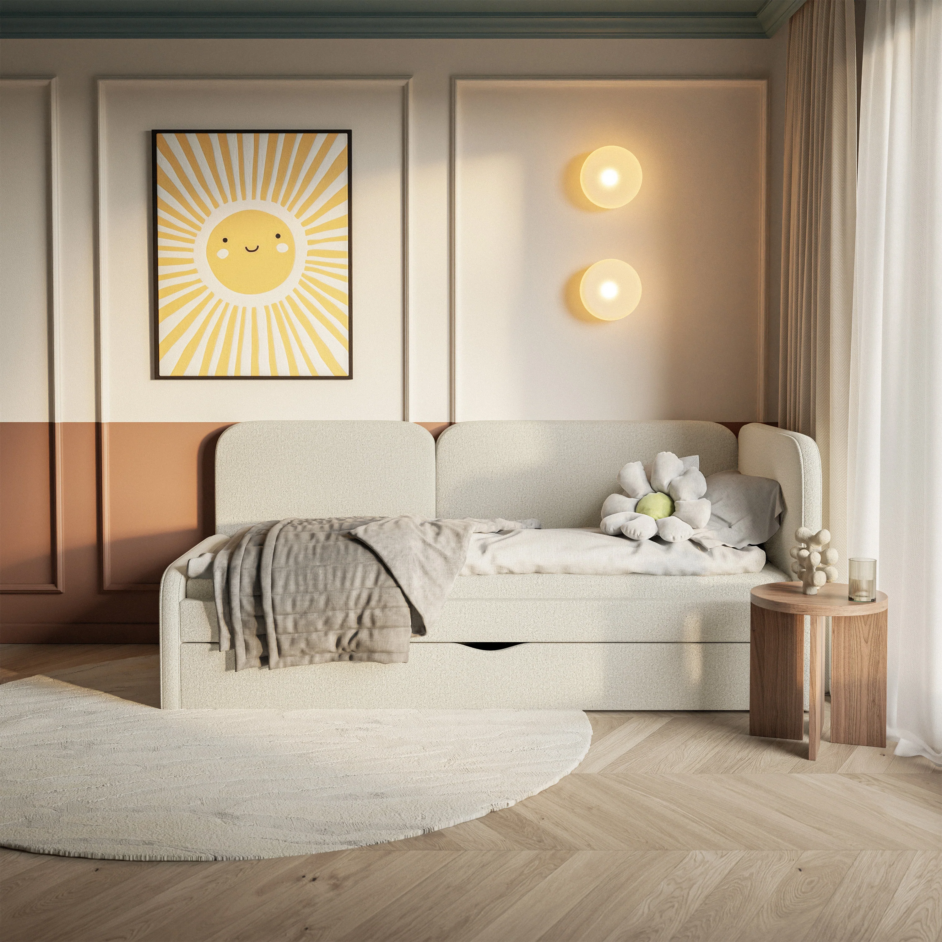 Łóżko młodzieżowe 90x200 cm Cuddy prawostronne z materacem i pojemnikiem jasnobeżowe dzianina łatwoczyszcząca - Image 3