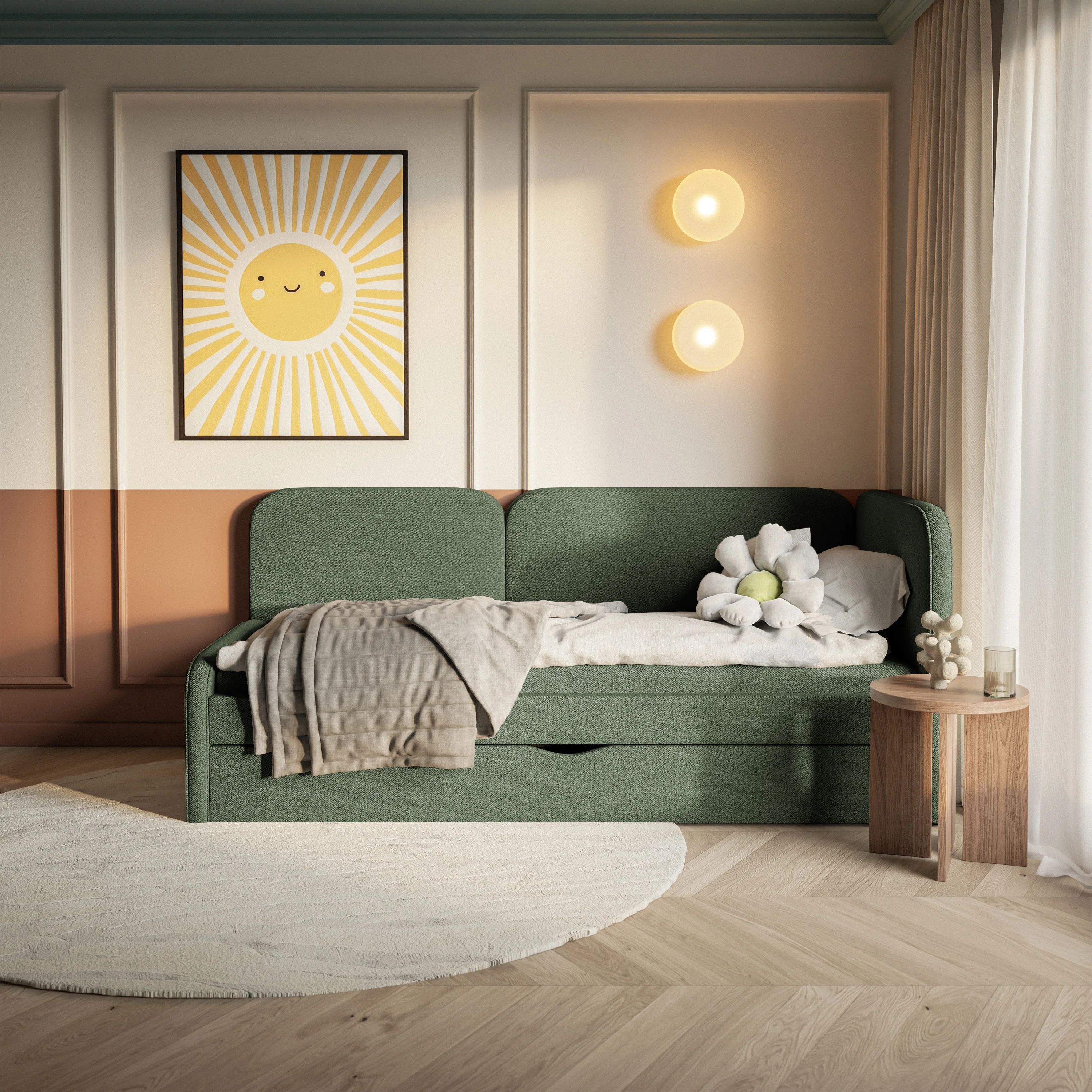 Łóżko młodzieżowe 90x200 cm Cuddy prawostronne z materacem i pojemnikiem oliwkowe dzianina łatwoczyszcząca - Image 3