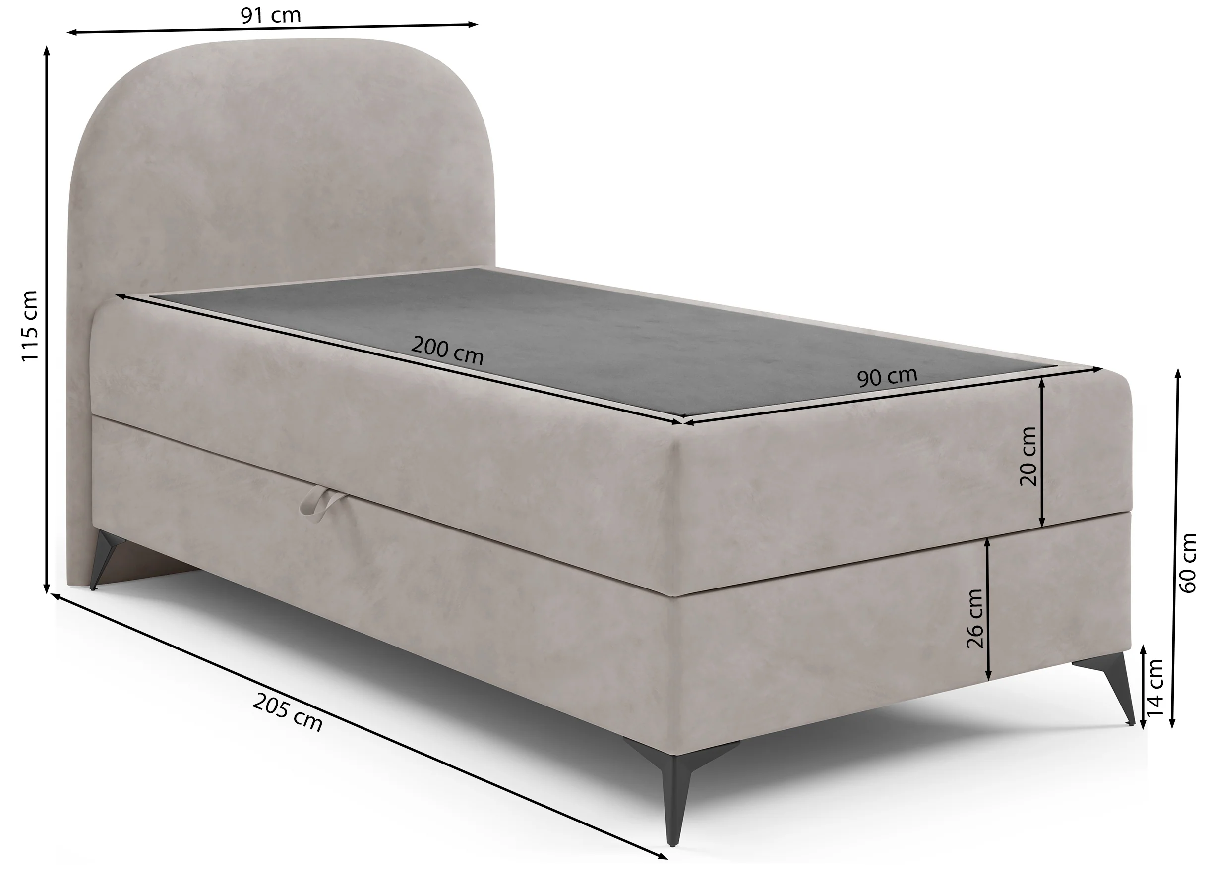 Łóżko młodzieżowe 90x200 cm Lunelle lewostronne z topperem i pojemnikiem błękitne welur - Image 5