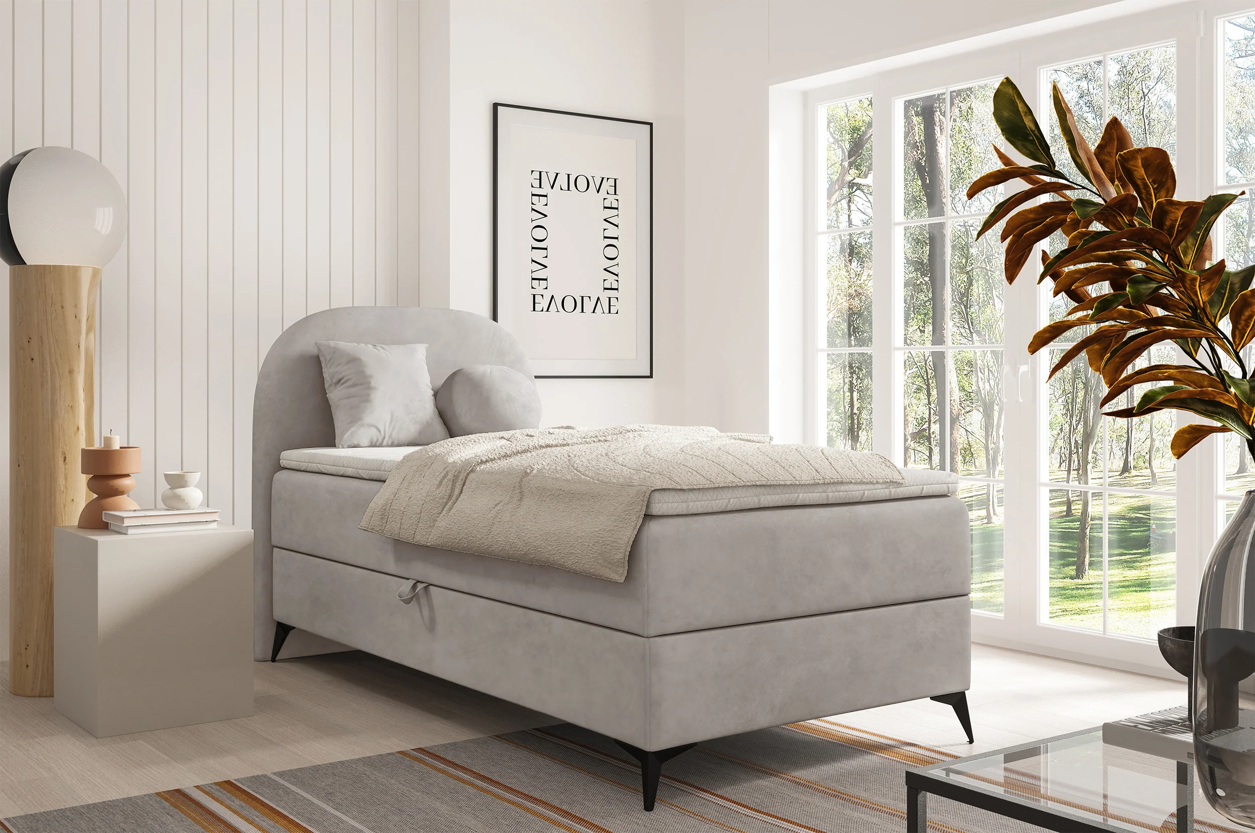 Łóżko młodzieżowe 90x200 cm Lunelle lewostronne z topperem i pojemnikiem jasnobeżowe welur - Image 2