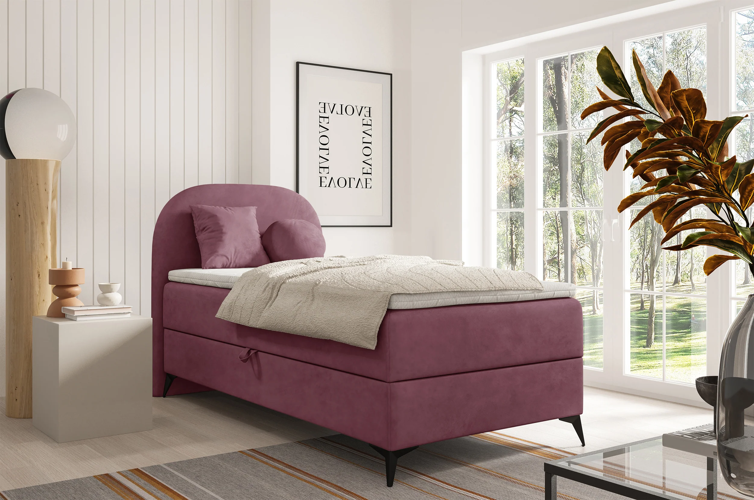 Łóżko młodzieżowe 90x200 cm Lunelle lewostronne z topperem i pojemnikiem różowe welur - Image 2