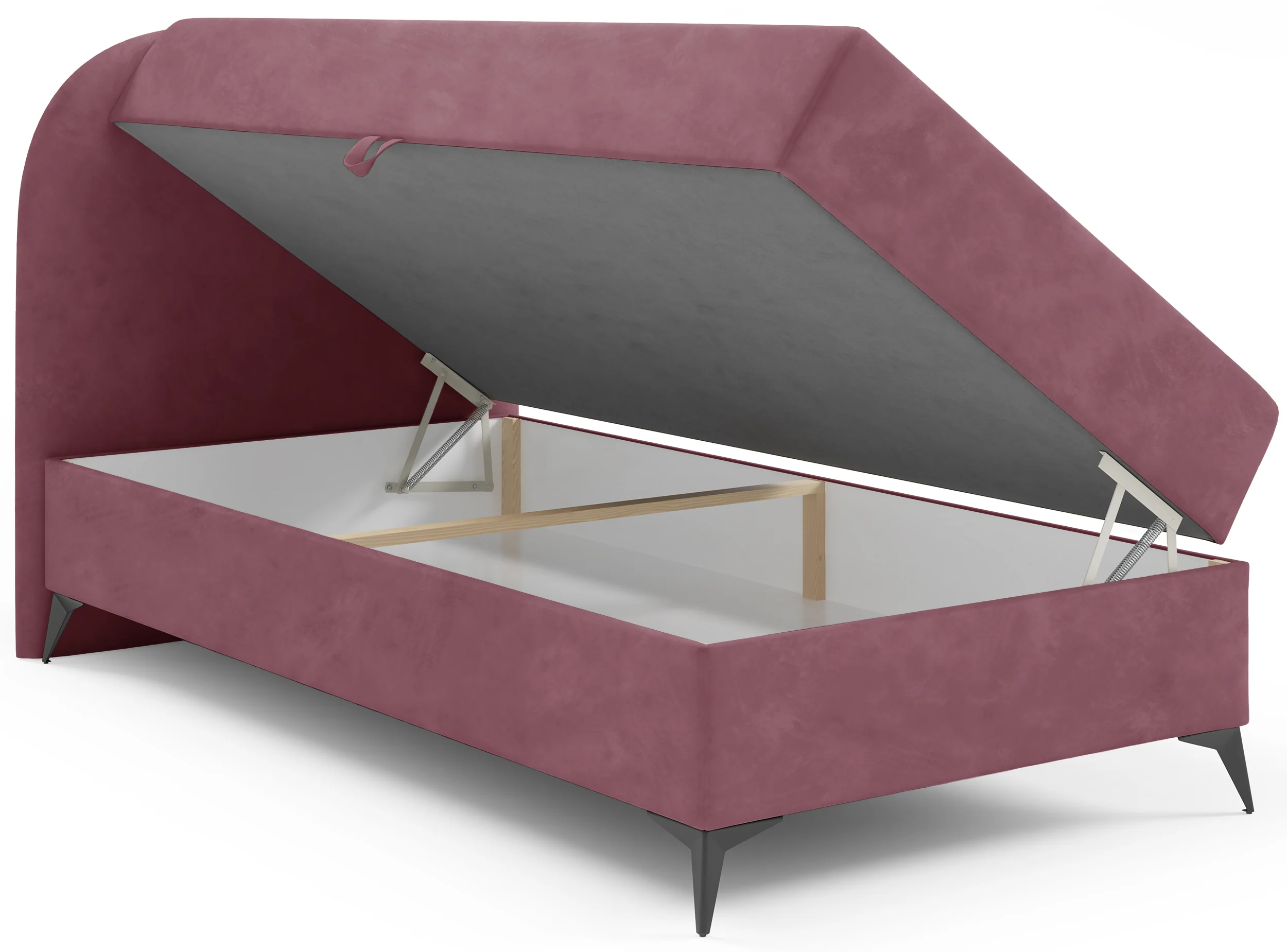 Łóżko młodzieżowe 90x200 cm Lunelle lewostronne z topperem i pojemnikiem różowe welur - Image 3