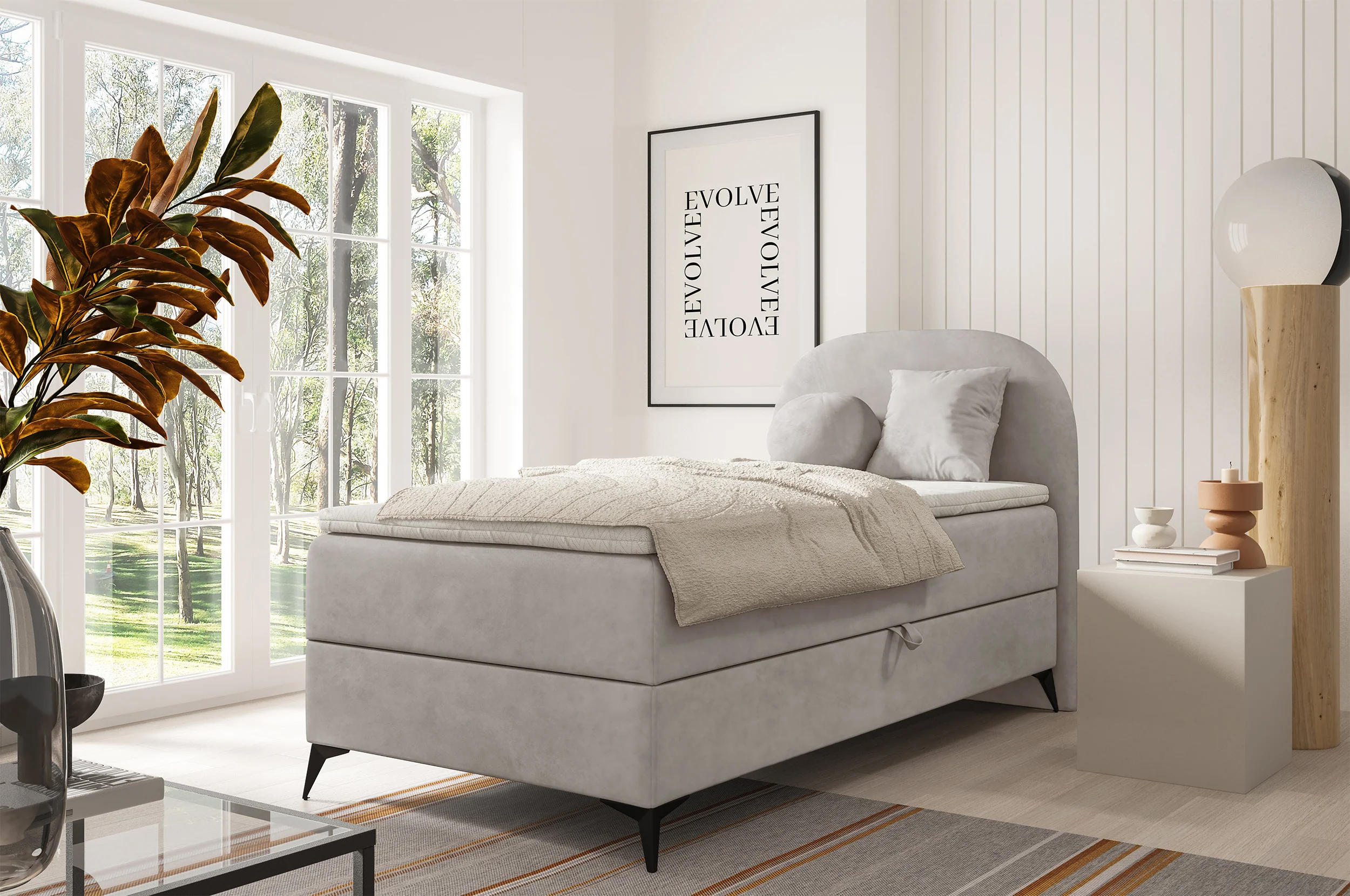 Łóżko młodzieżowe 90x200 cm Lunelle prawostronne z topperem i pojemnikiem jasnobeżowe welur - Image 2